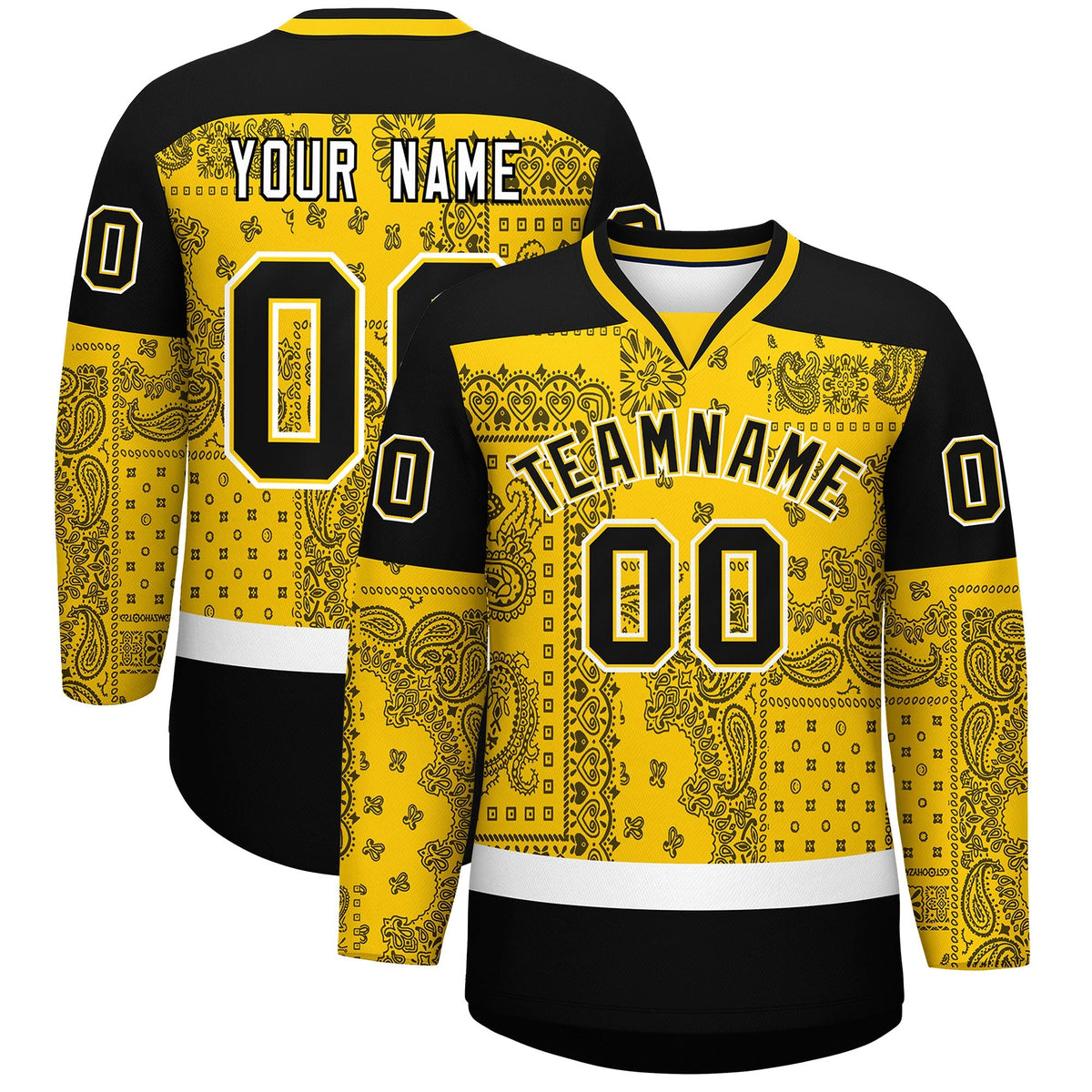 Custom Black Gold White Cashew Flower Graffiti Pattern V-Neck Hockey Jersey| KXKSHOP