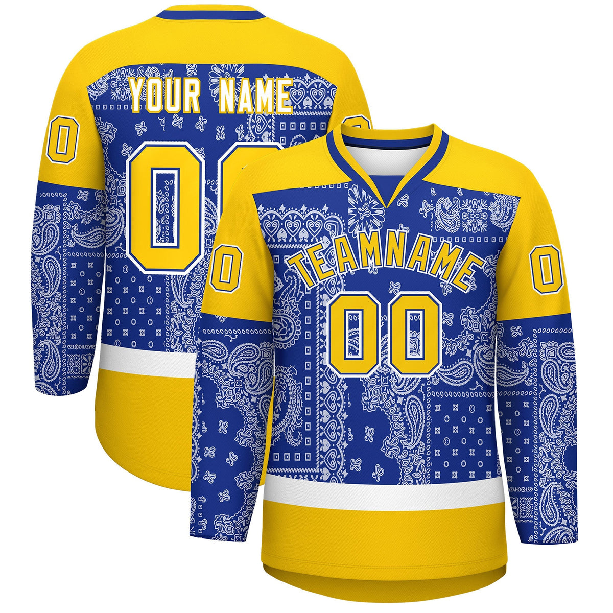 Custom Gold Royal White Cashew Flower Graffiti Pattern V-Neck Hockey Jersey| KXKSHOP