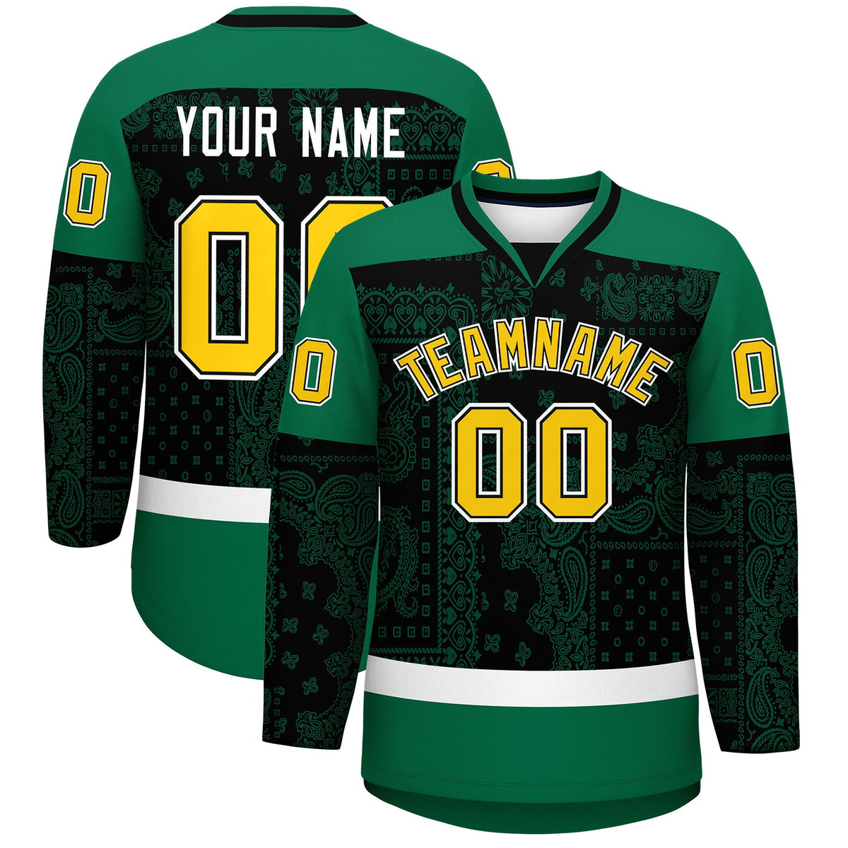 Custom Kelly Green Black White Cashew Flower Graffiti Pattern V-Neck Hockey Jersey| KXKSHOP