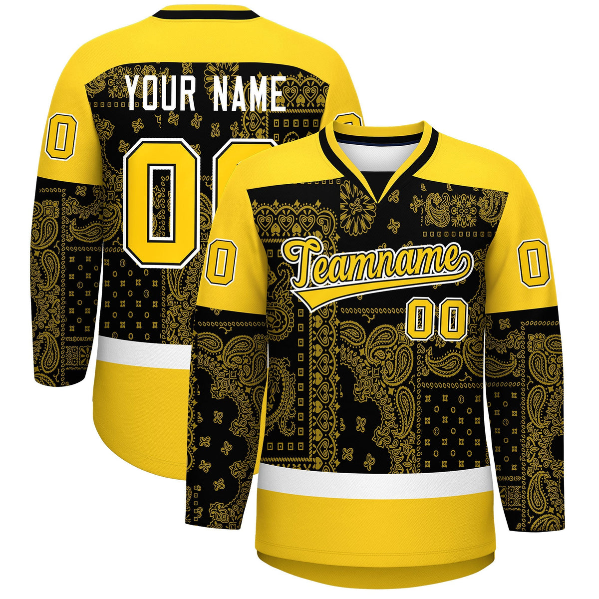 Custom Gold White Black Cashew Flower Graffiti Pattern V-Neck Hockey Jersey| KXKSHOP