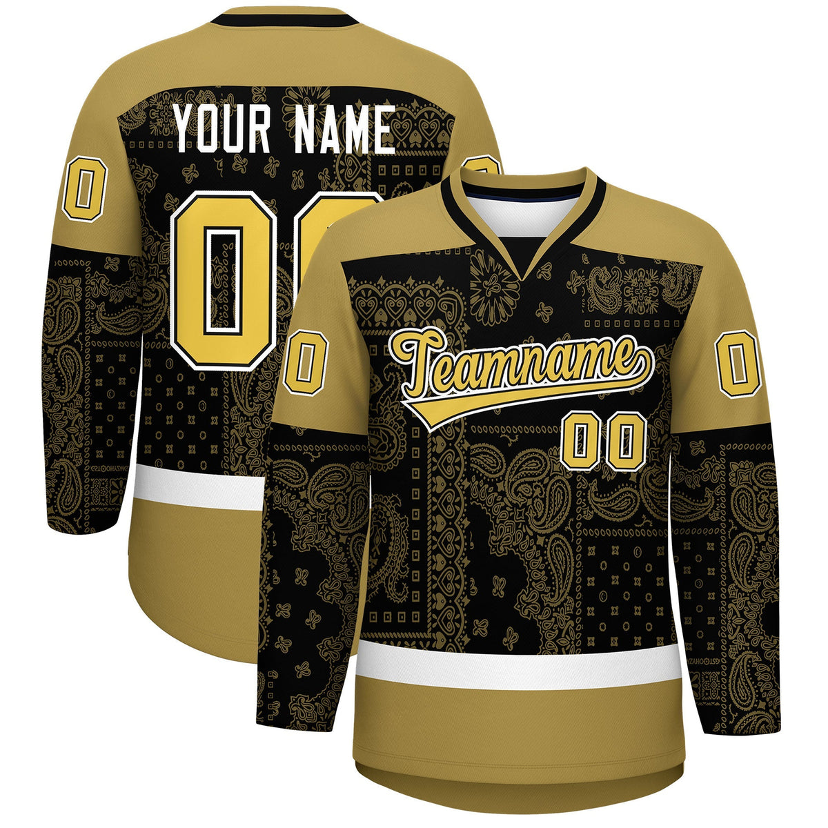 Custom Old Gold Black White Cashew Flower Graffiti Pattern V-Neck Hockey Jersey| KXKSHOP