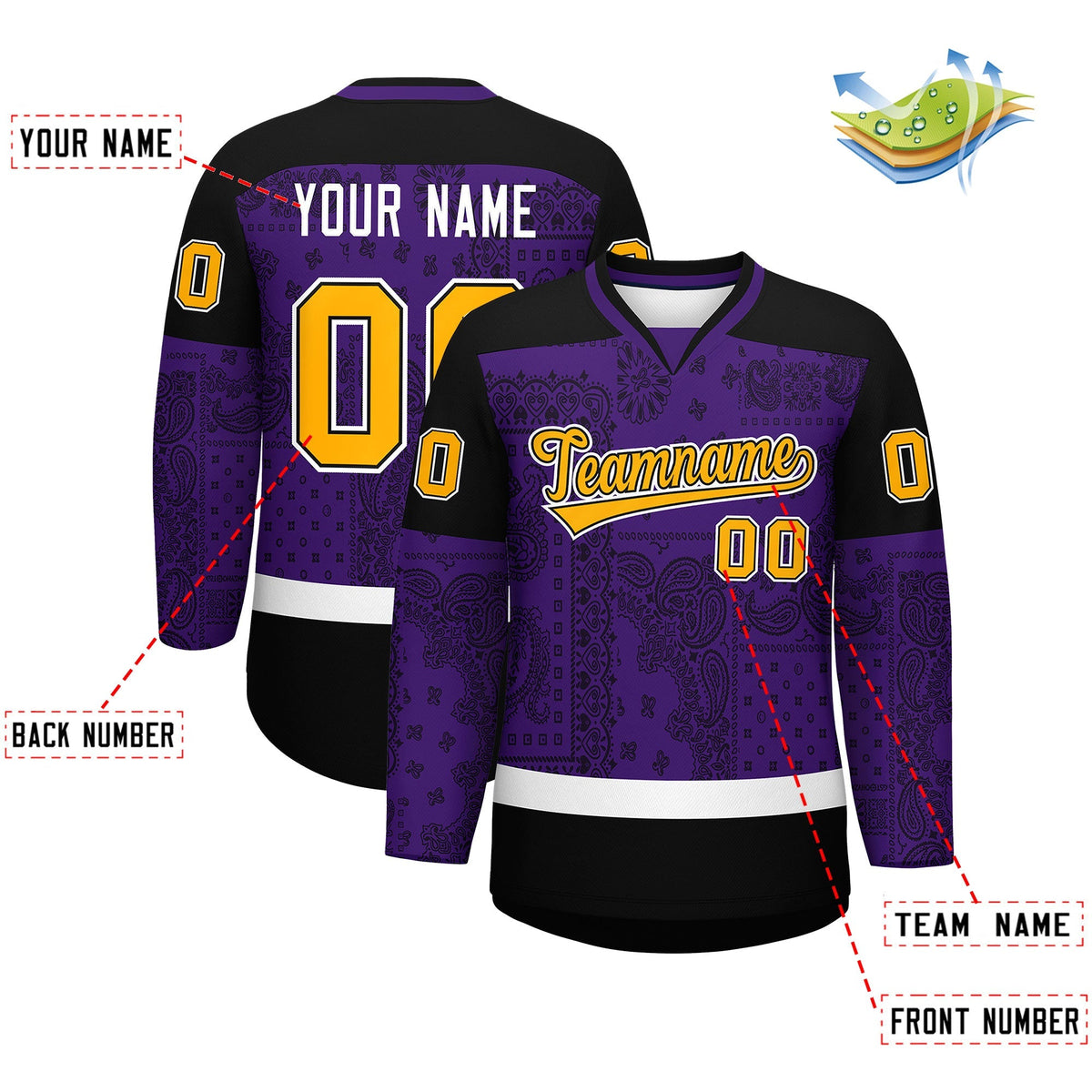 Custom Black Purple White Cashew Flower Graffiti Pattern V-Neck Hockey Jersey| KXKSHOP