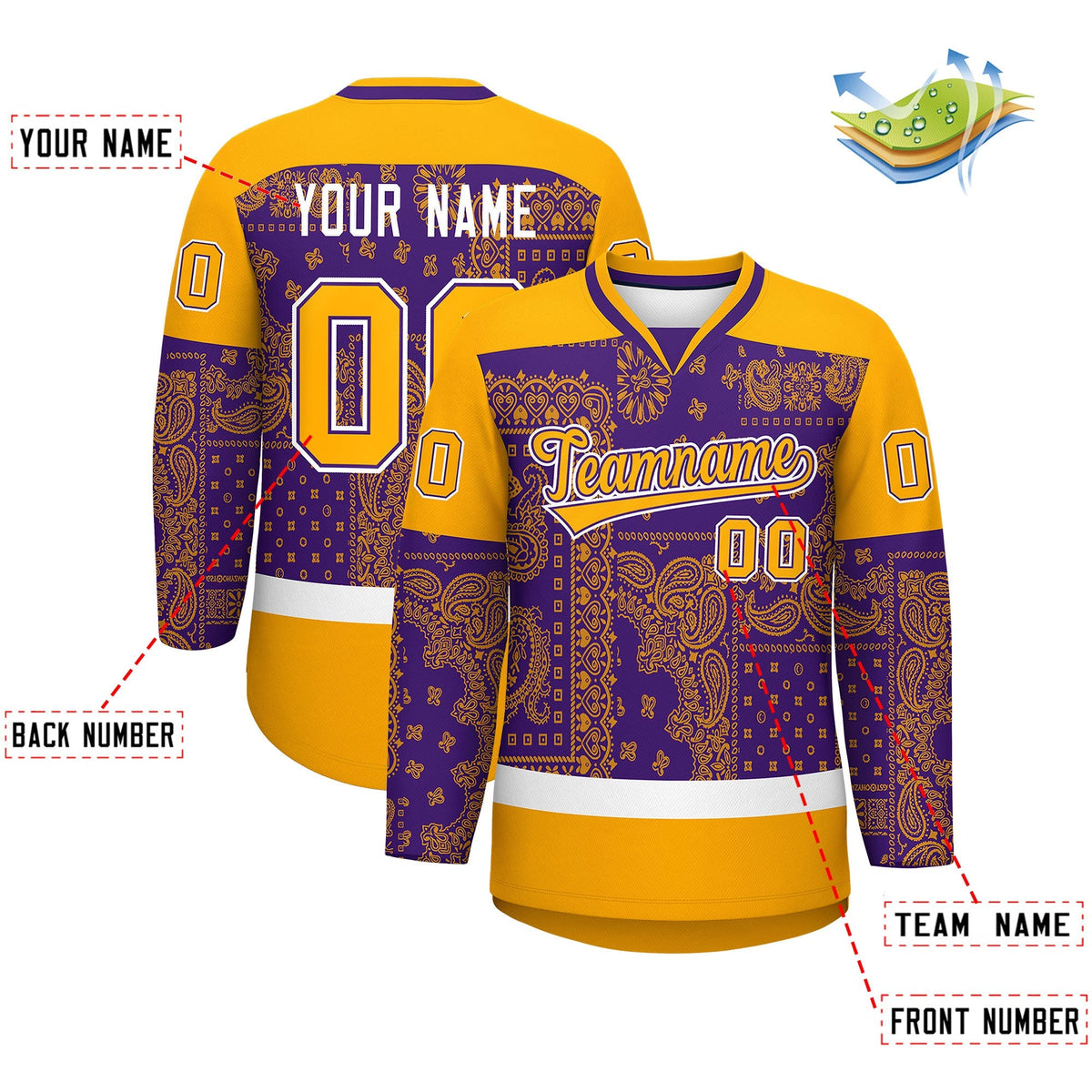 Custom Yellow Purple White Cashew Flower Graffiti Pattern V-Neck Hockey Jersey| KXKSHOP