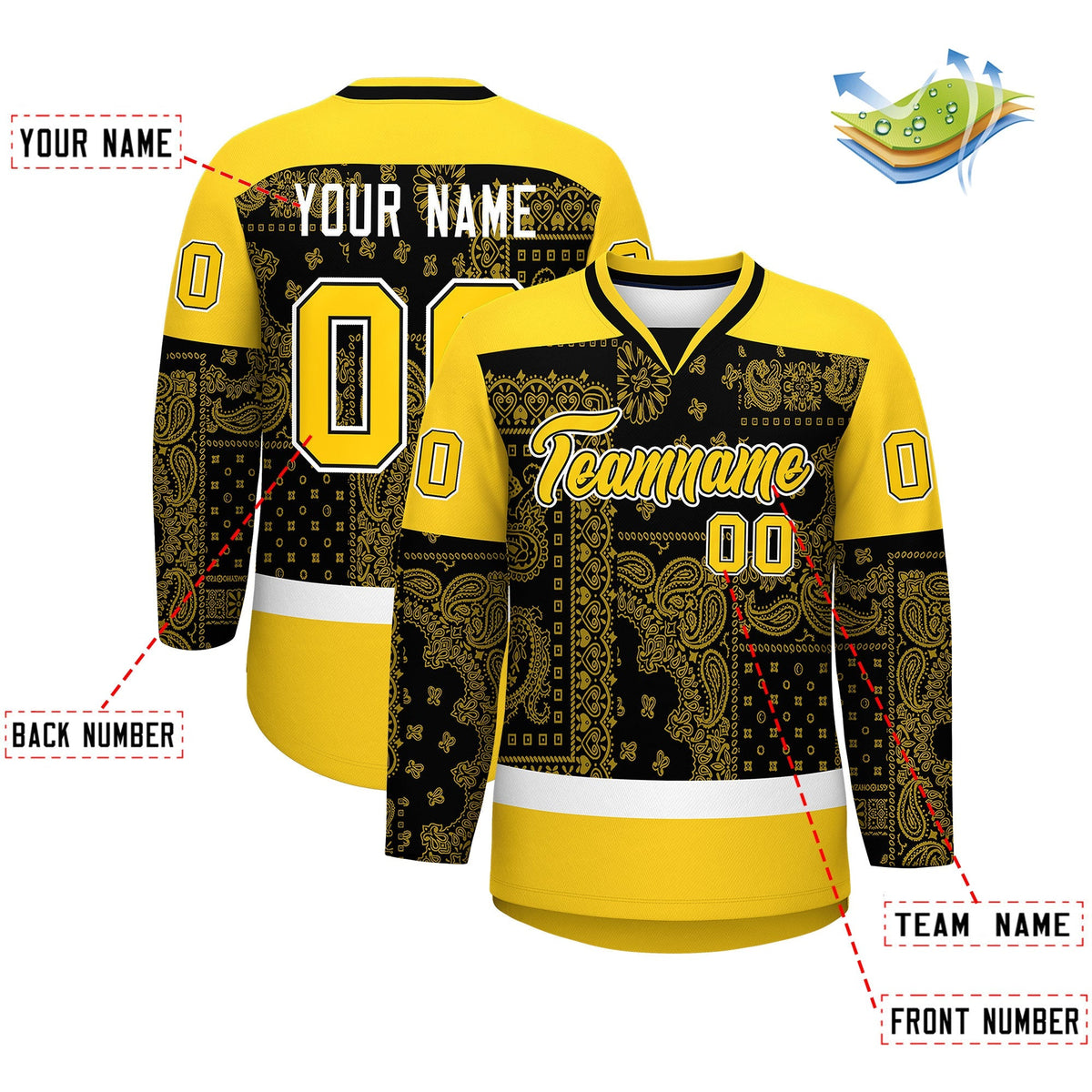 Custom Gold White Black Cashew Flower Graffiti Pattern V-Neck Hockey Jersey| KXKSHOP