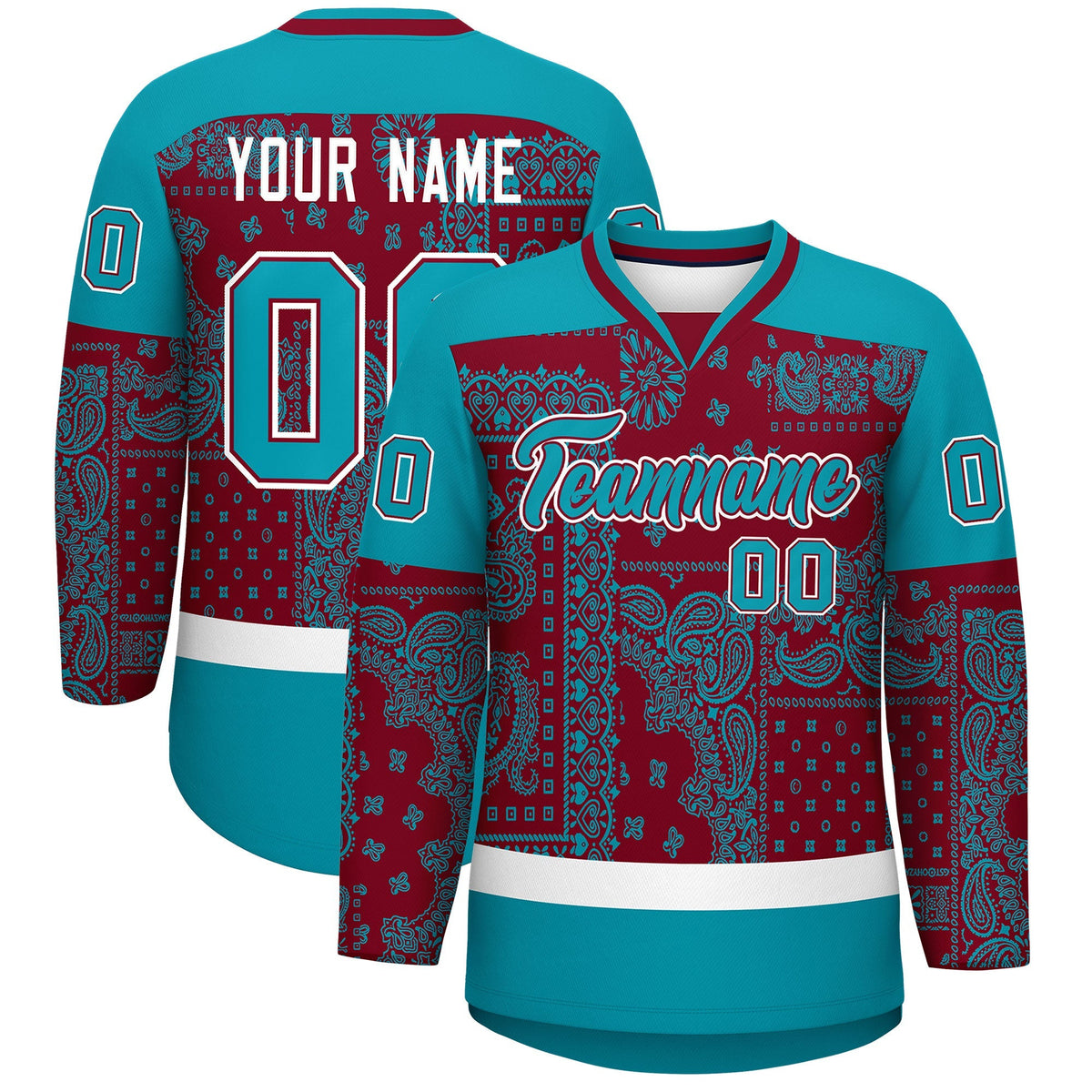 Custom Teal White Crimson Cashew Flower Graffiti Pattern V-Neck Hockey Jersey| KXKSHOP