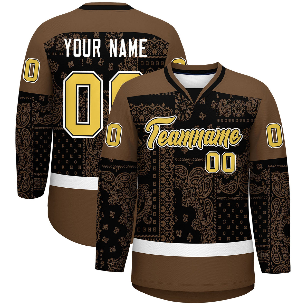 Custom Light Brown Black White Cashew Flower Graffiti Pattern V-Neck Hockey Jersey| KXKSHOP