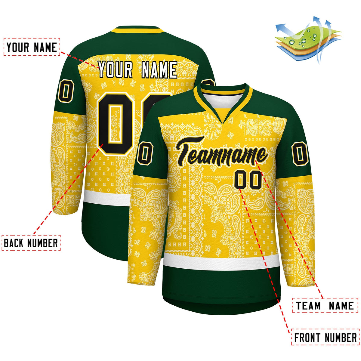 Custom Green Gold White Cashew Flower Graffiti Pattern V-Neck Hockey Jersey| KXKSHOP