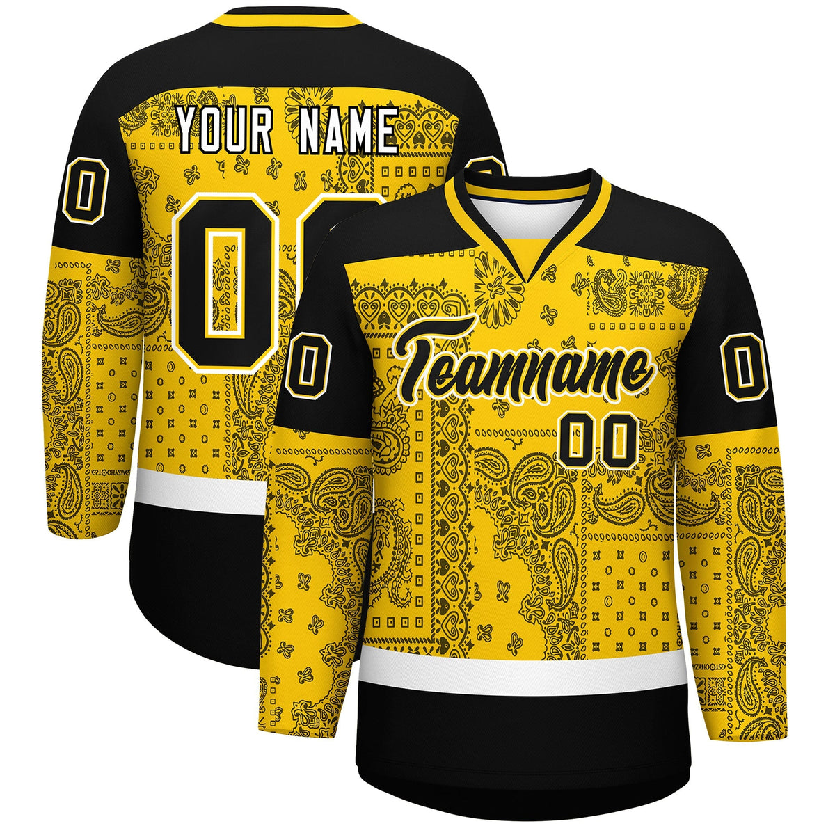 Custom Black Gold White Cashew Flower Graffiti Pattern V-Neck Hockey Jersey| KXKSHOP