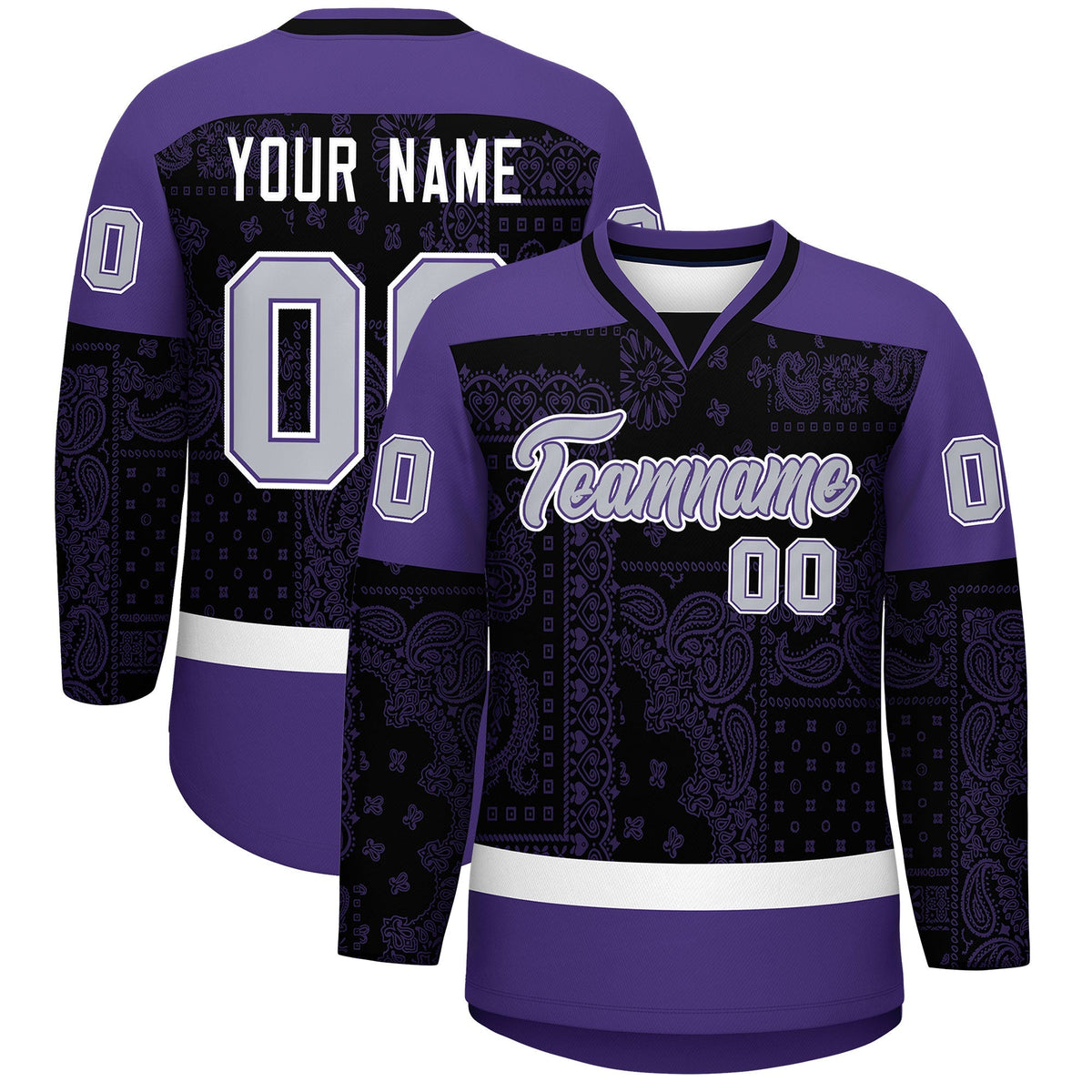 Custom Purple Black White Cashew Flower Graffiti Pattern V-Neck Hockey Jersey| KXKSHOP
