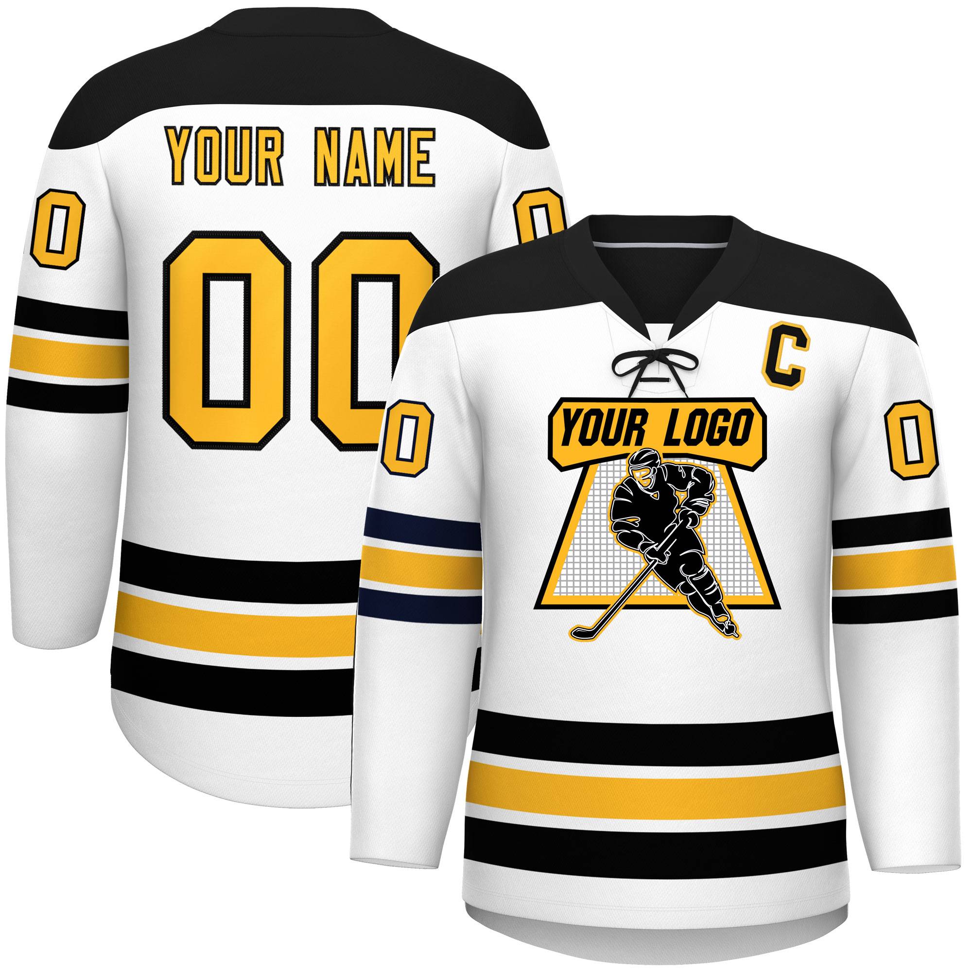 Custom White Black Gold Personalized Classic Lace-Up Neck Hockey Jersey | KXKSHOP
