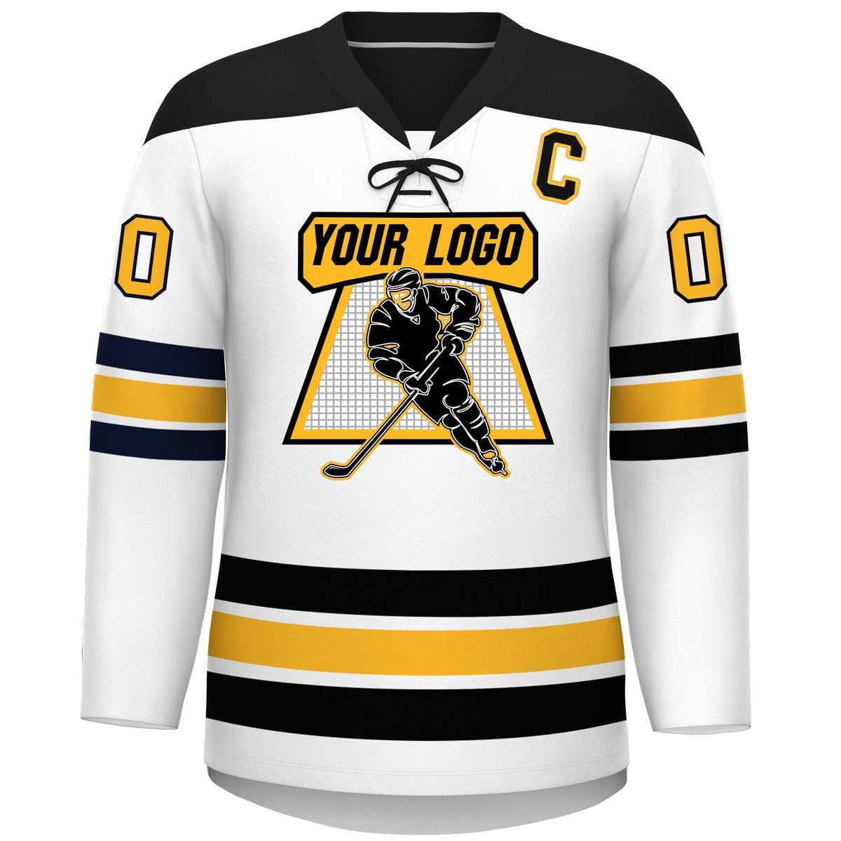 Custom White Black Gold Personalized Classic Lace-Up Neck Hockey Jersey | KXKSHOP