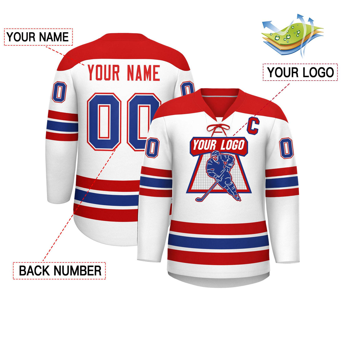 Custom White Red Royal Personalized Classic Lace-Up Neck Hockey Jersey | KXKSHOP