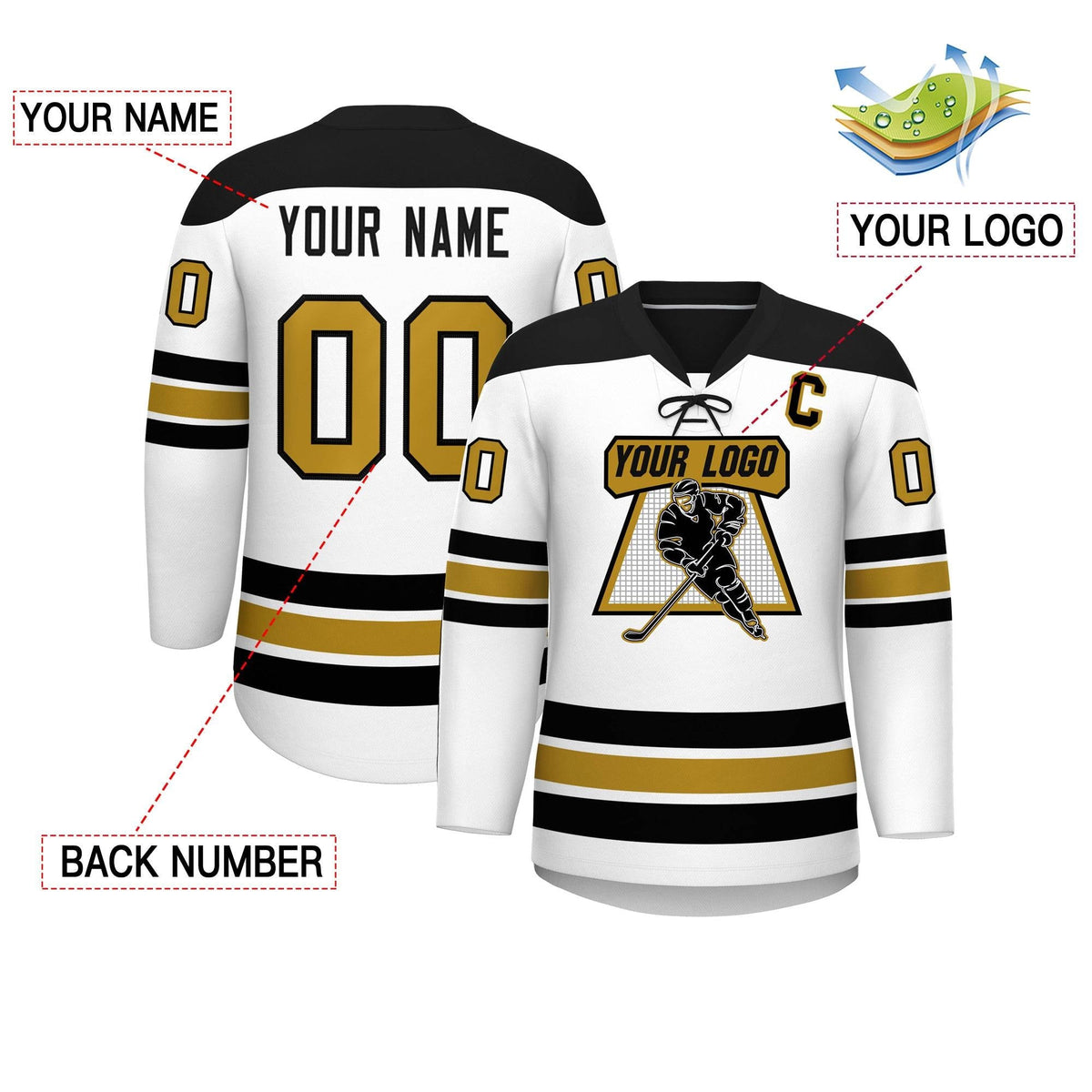 Custom White Black Old Gold Personalized Classic Lace-Up Neck Hockey Jersey | KXKSHOP