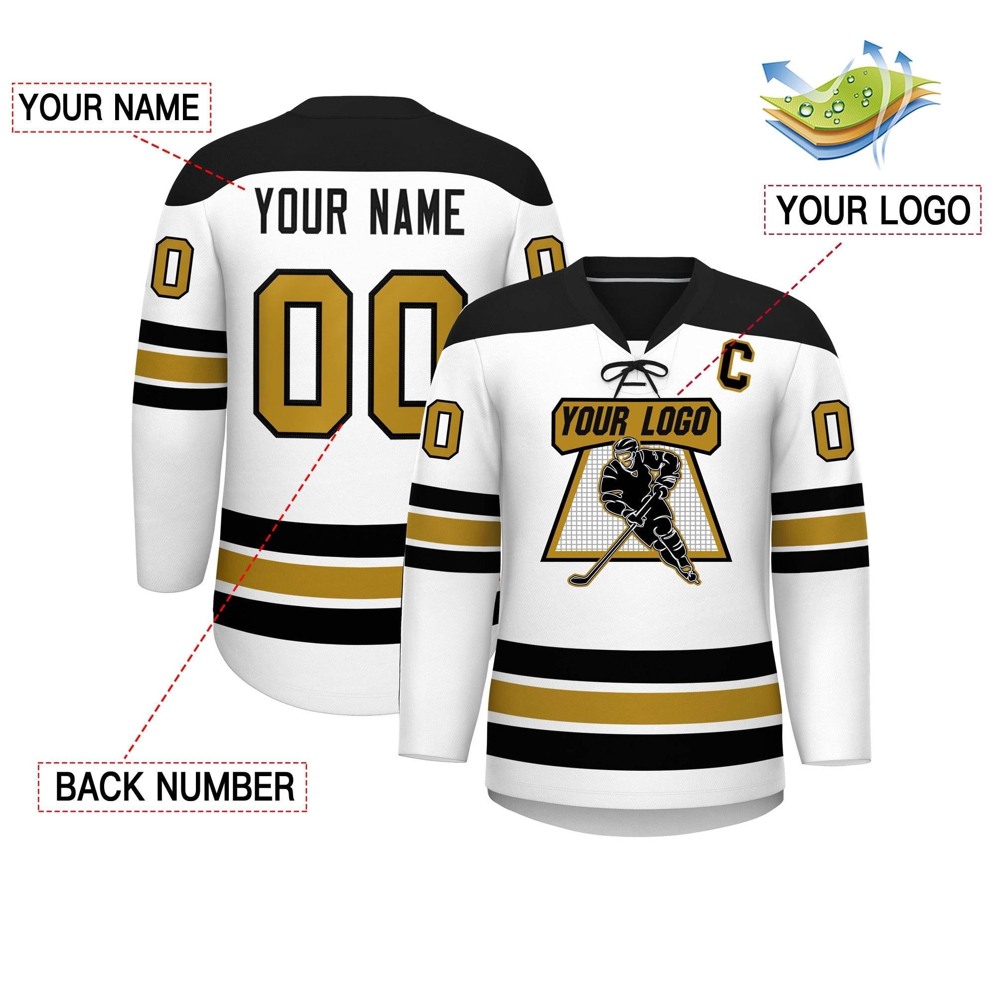 Custom White Black Old Gold Personalized Classic Lace-Up Neck Hockey Jersey | KXKSHOP