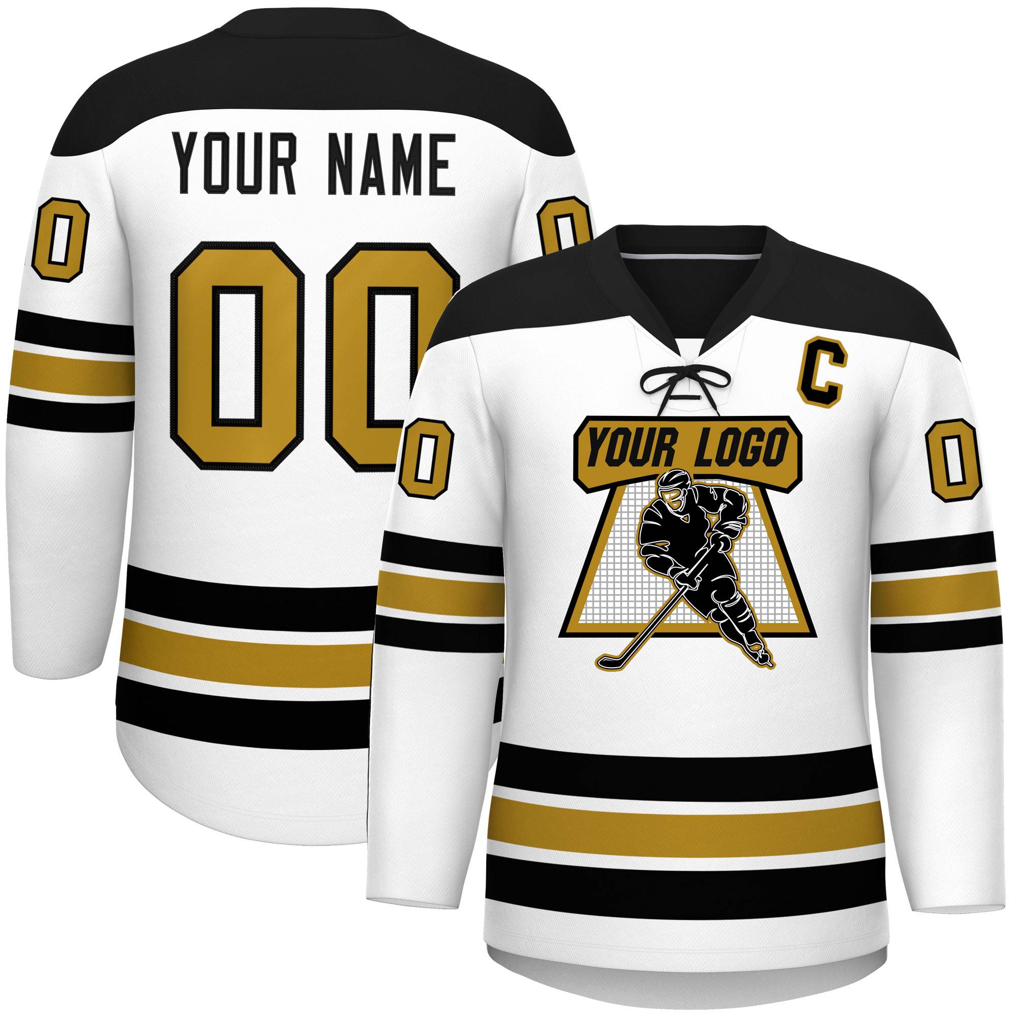 Custom White Black Old Gold Personalized Classic Lace-Up Neck Hockey Jersey | KXKSHOP
