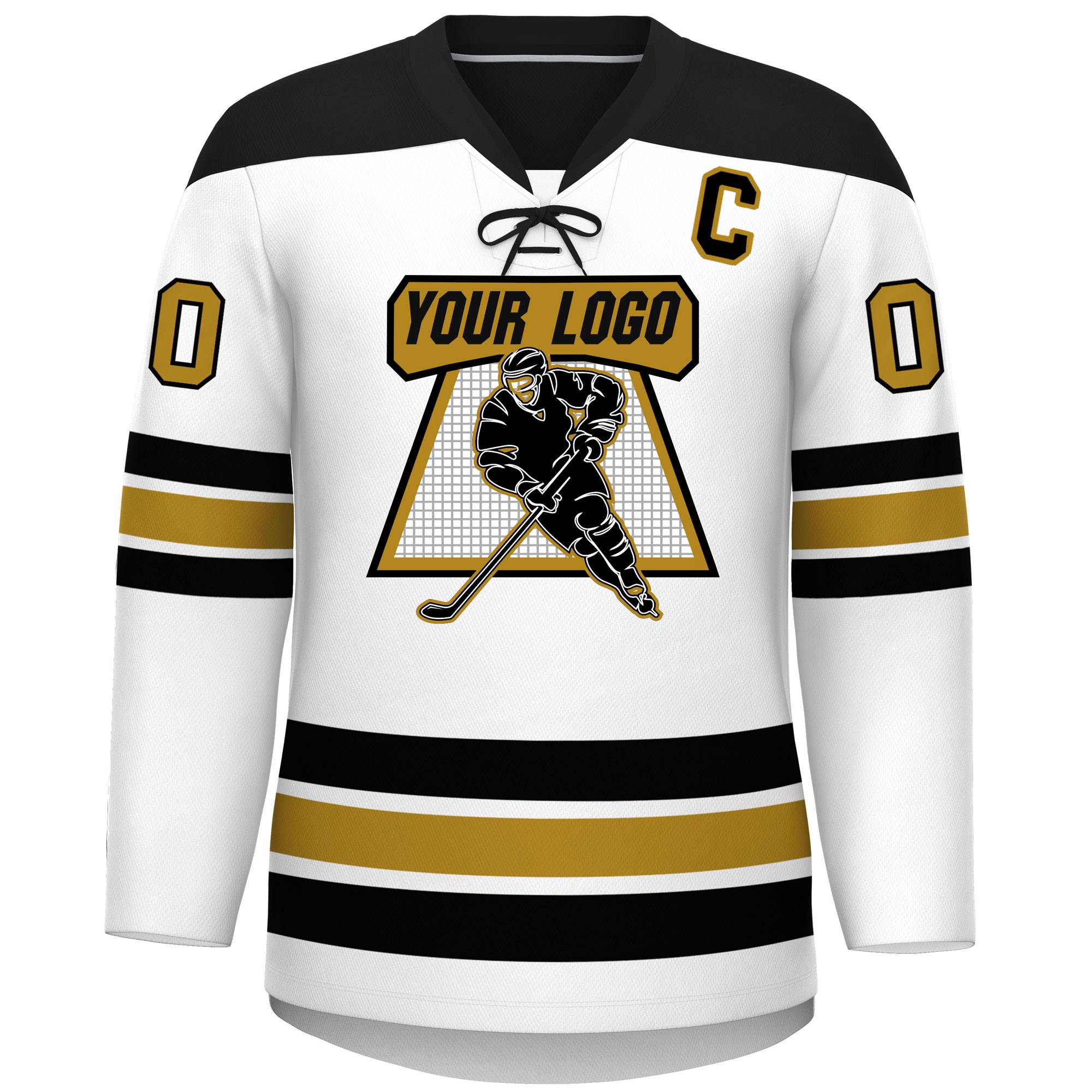 Custom White Black Old Gold Personalized Classic Lace-Up Neck Hockey Jersey | KXKSHOP