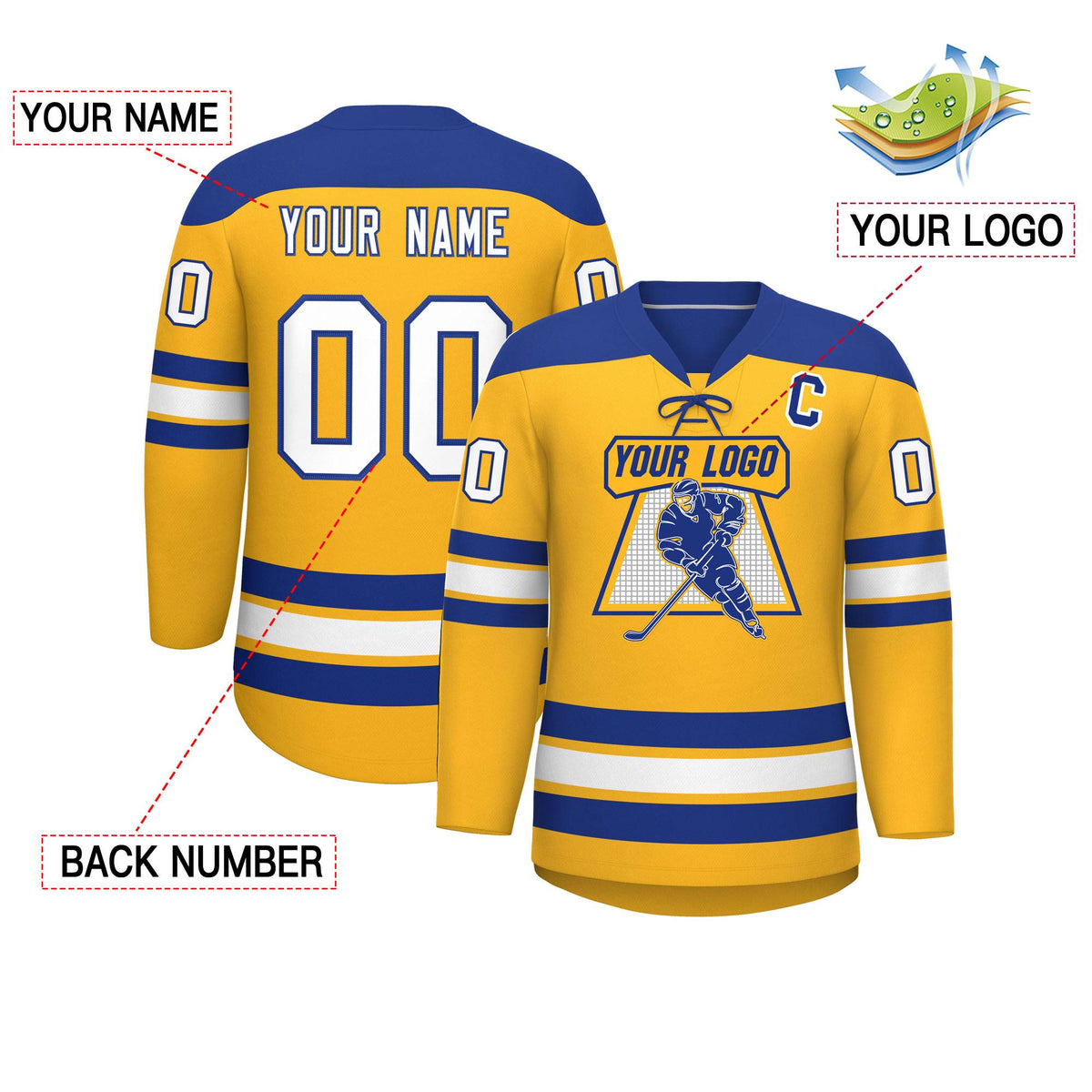 Custom Gold Royal White Personalized Classic Lace-Up Neck Hockey Jersey | KXKSHOP