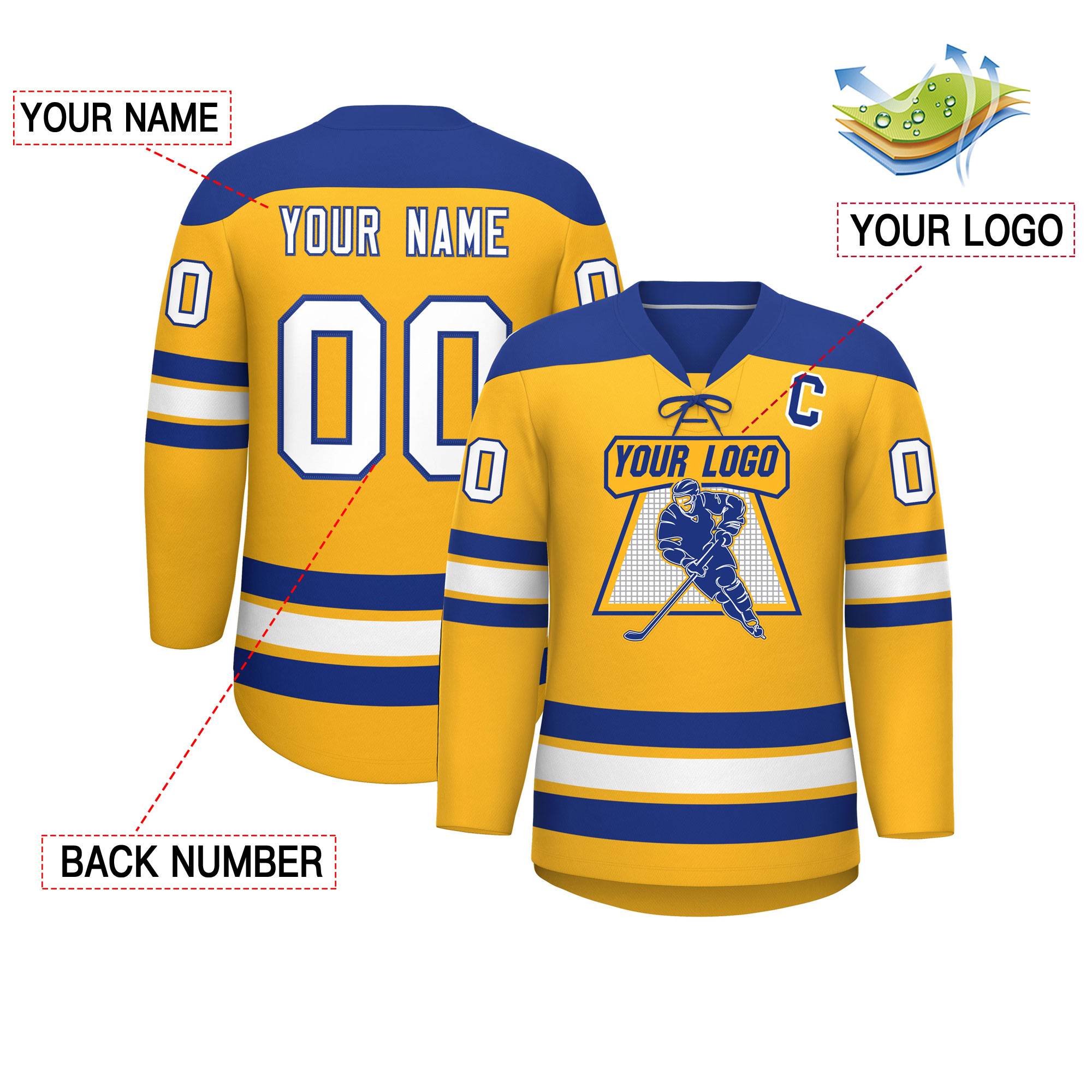 Custom Gold Royal White Personalized Classic Lace-Up Neck Hockey Jersey | KXKSHOP