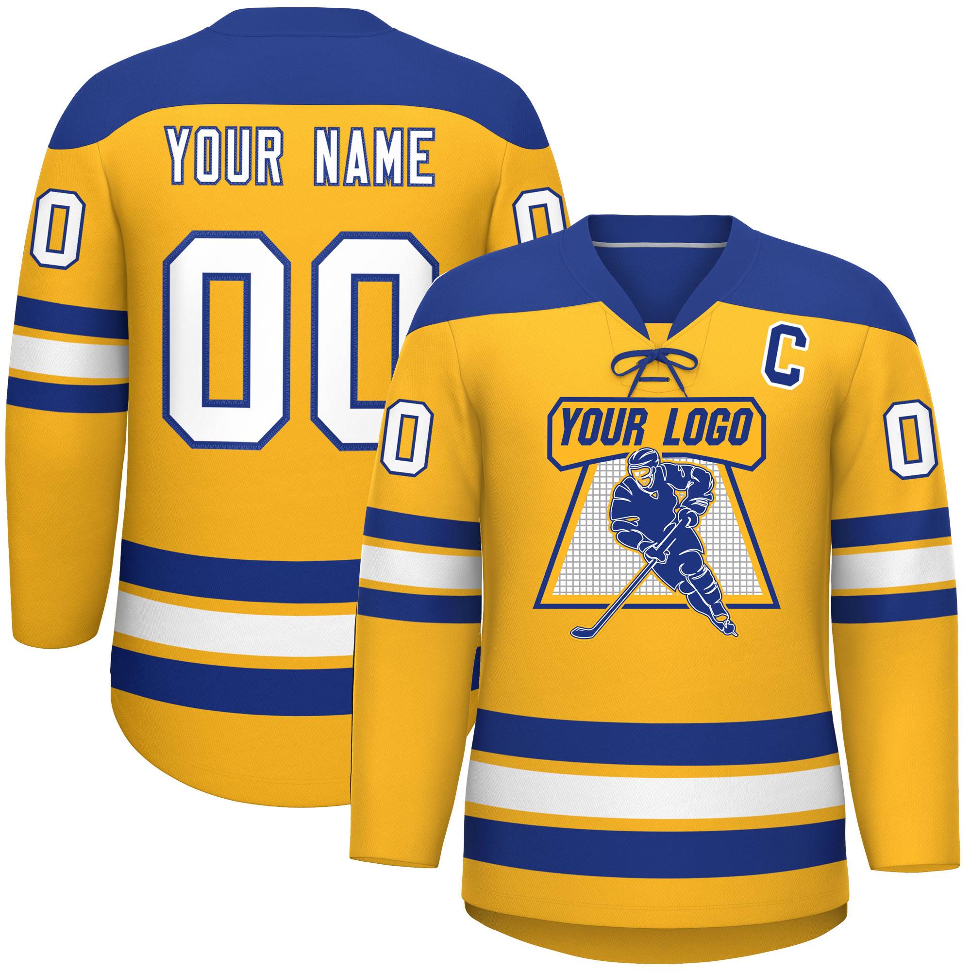 Custom Gold Royal White Personalized Classic Lace-Up Neck Hockey Jersey | KXKSHOP