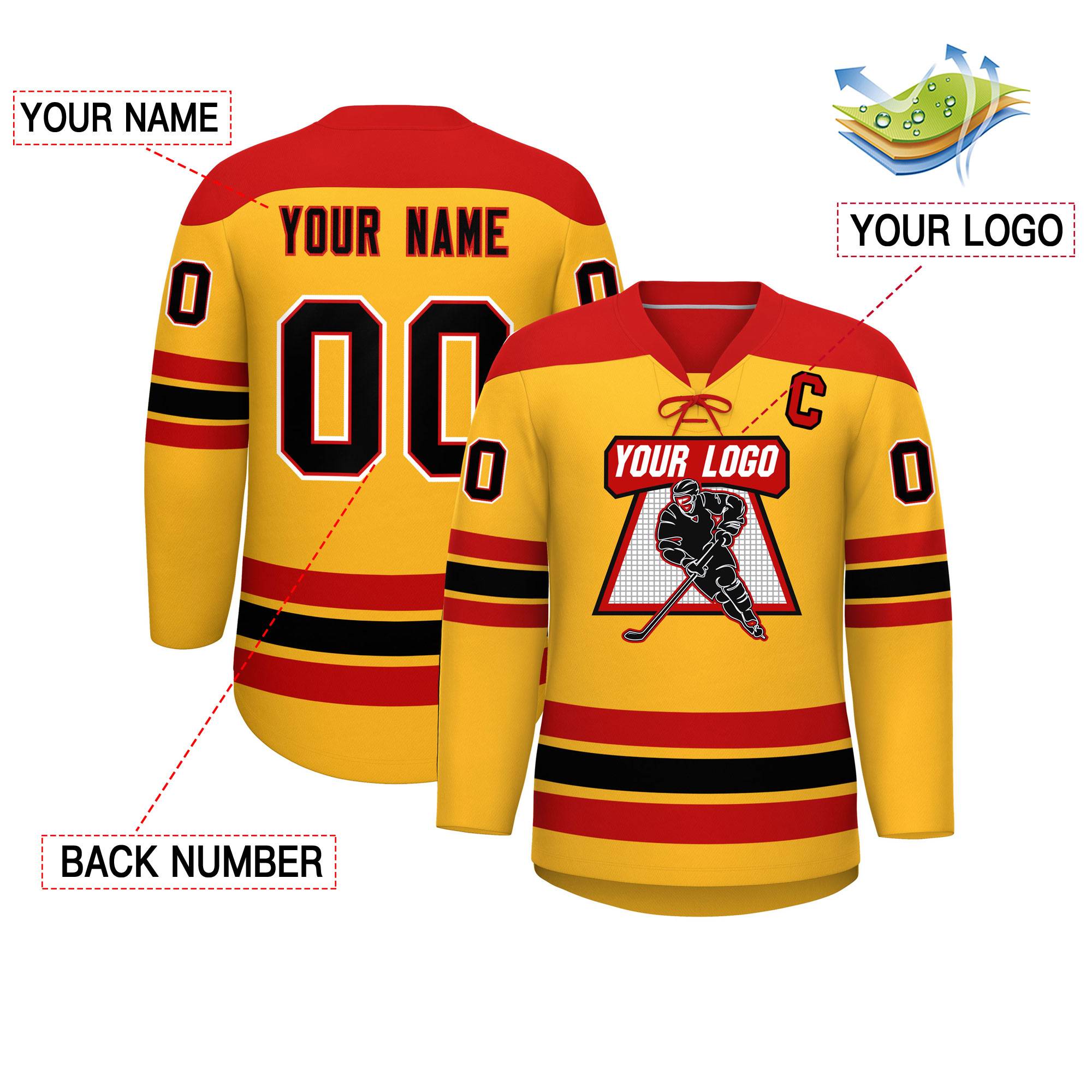 Custom Gold Red Black Personalized Classic Lace-Up Neck Hockey Jersey | KXKSHOP