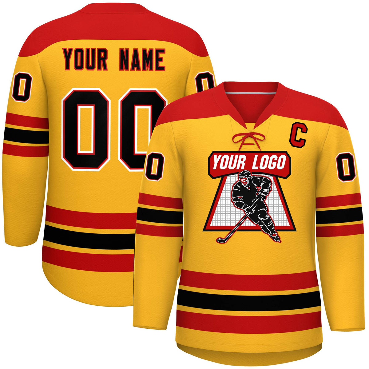 Custom Gold Red Black Personalized Classic Lace-Up Neck Hockey Jersey | KXKSHOP