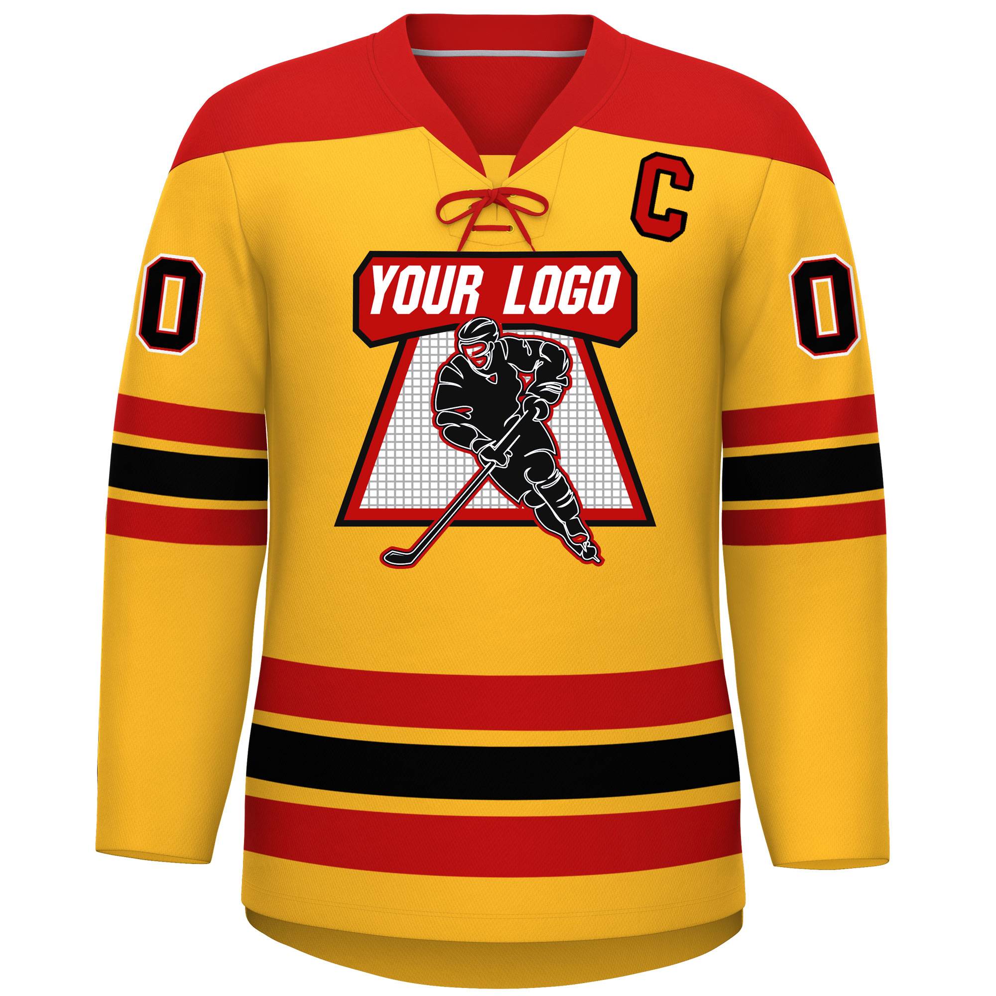 Custom Gold Red Black Personalized Classic Lace-Up Neck Hockey Jersey | KXKSHOP