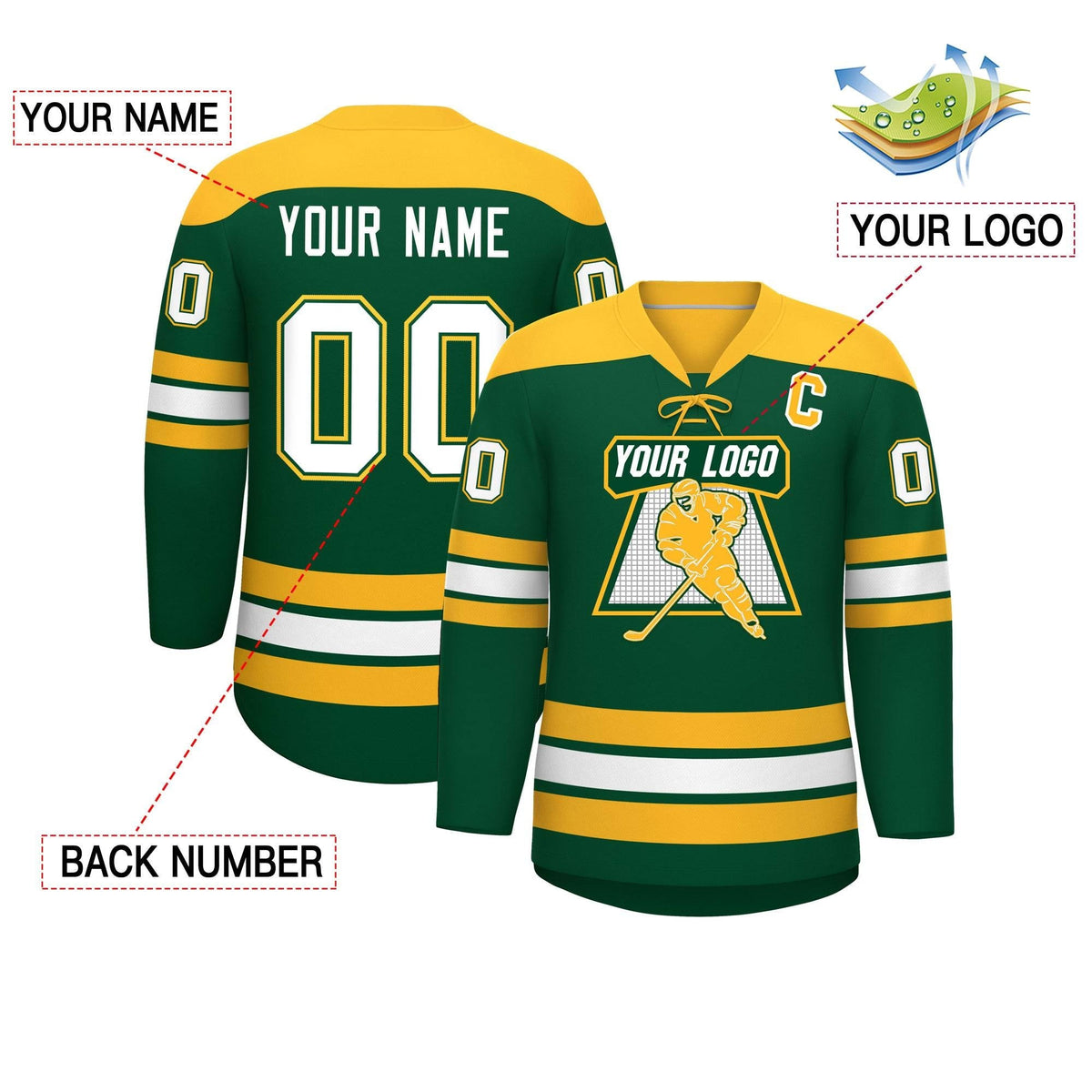 Custom Green Gold White Personalized Classic Lace-Up Neck Hockey Jersey | KXKSHOP