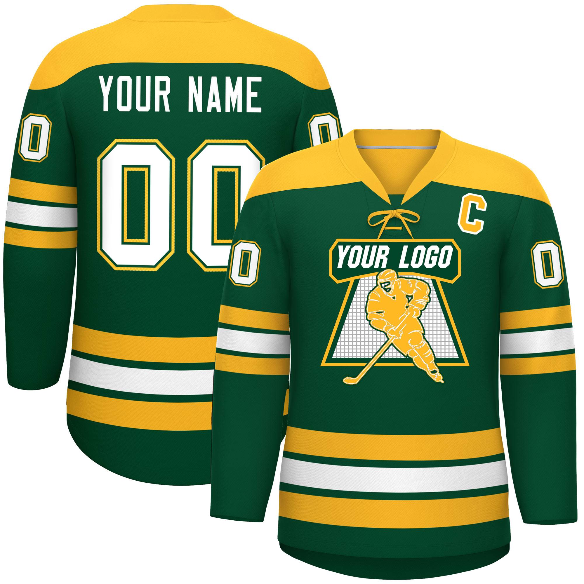 Custom Green Gold White Personalized Classic Lace-Up Neck Hockey Jersey | KXKSHOP