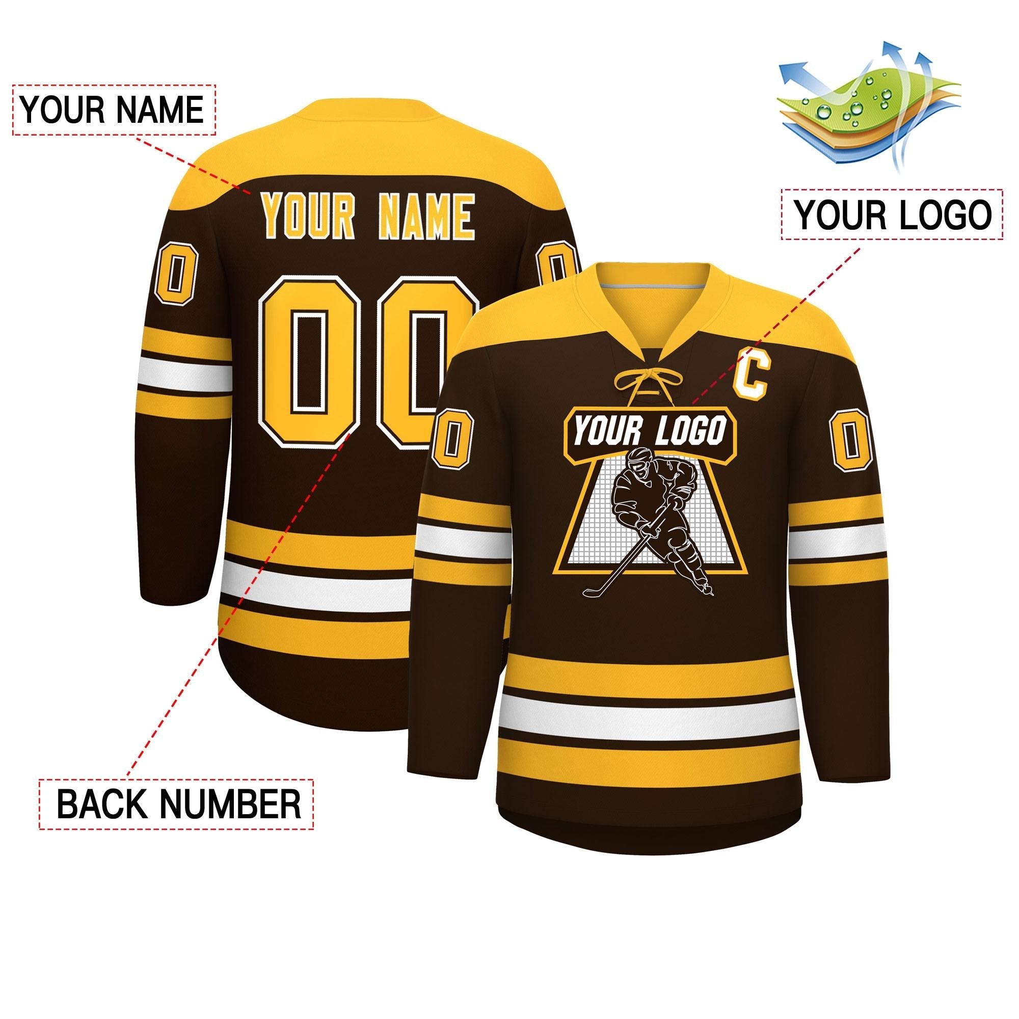 Custom Brown Gold White Personalized Classic Lace-Up Neck Hockey Jersey | KXKSHOP