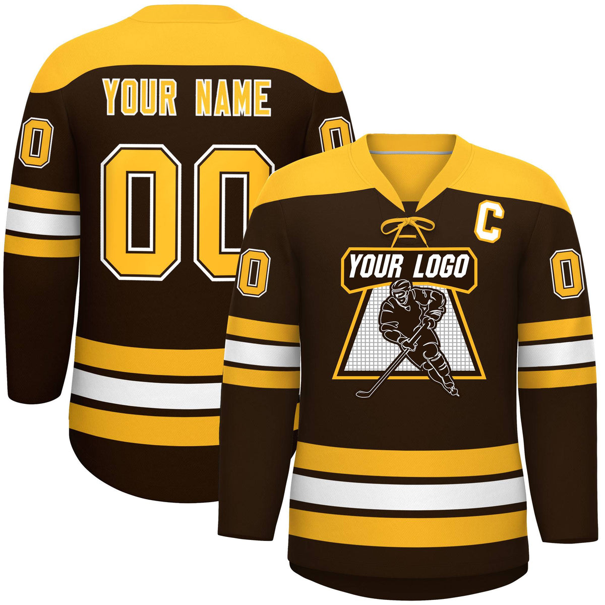 Custom Brown Gold White Personalized Classic Lace-Up Neck Hockey Jersey | KXKSHOP