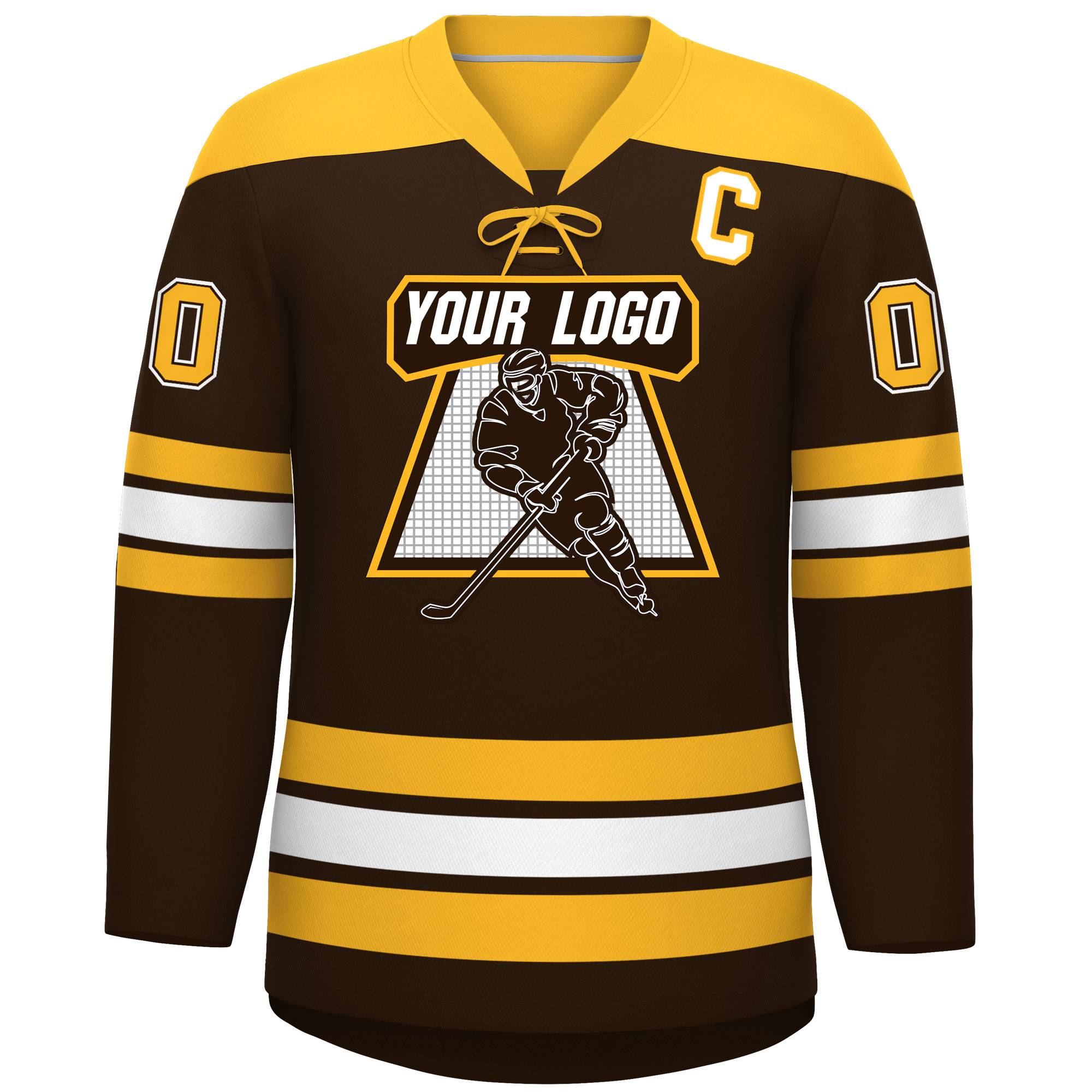 Custom Brown Gold White Personalized Classic Lace-Up Neck Hockey Jersey | KXKSHOP