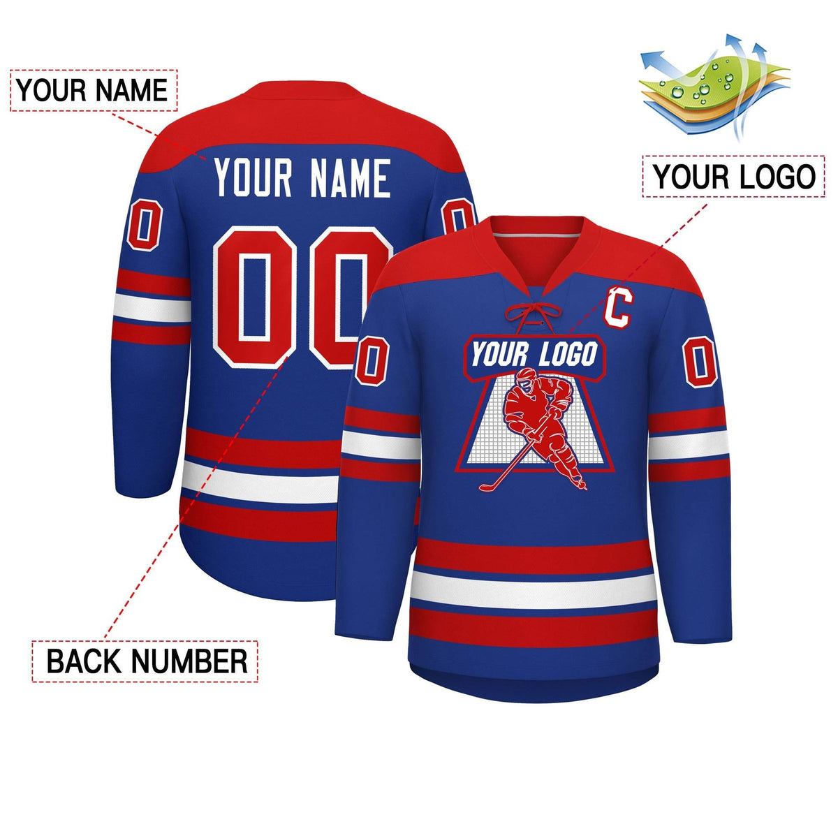 Custom Royal Red White Personalized Classic Lace-Up Neck Hockey Jersey | KXKSHOP