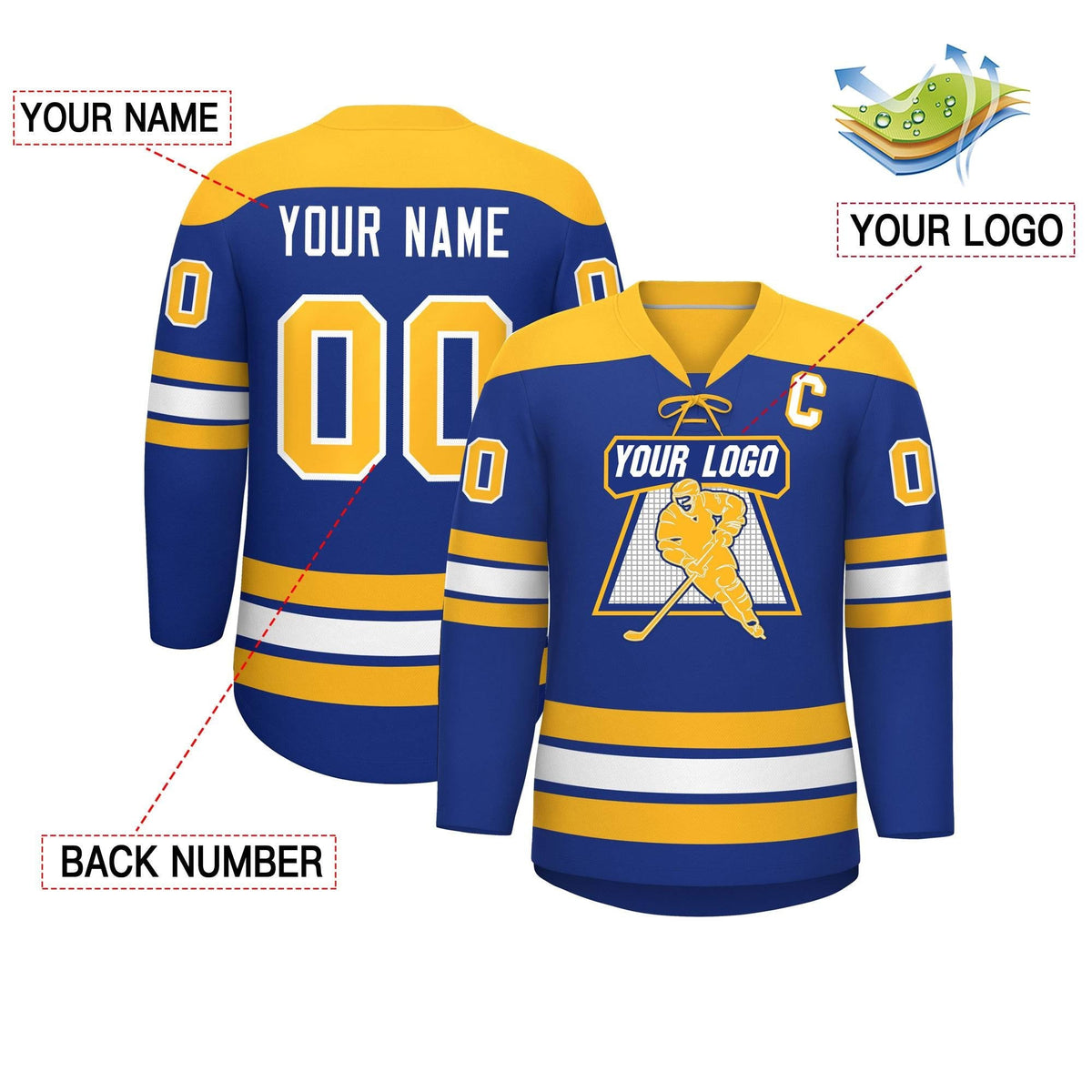 Custom Royal Gold White Personalized Classic Lace-Up Neck Hockey Jersey | KXKSHOP