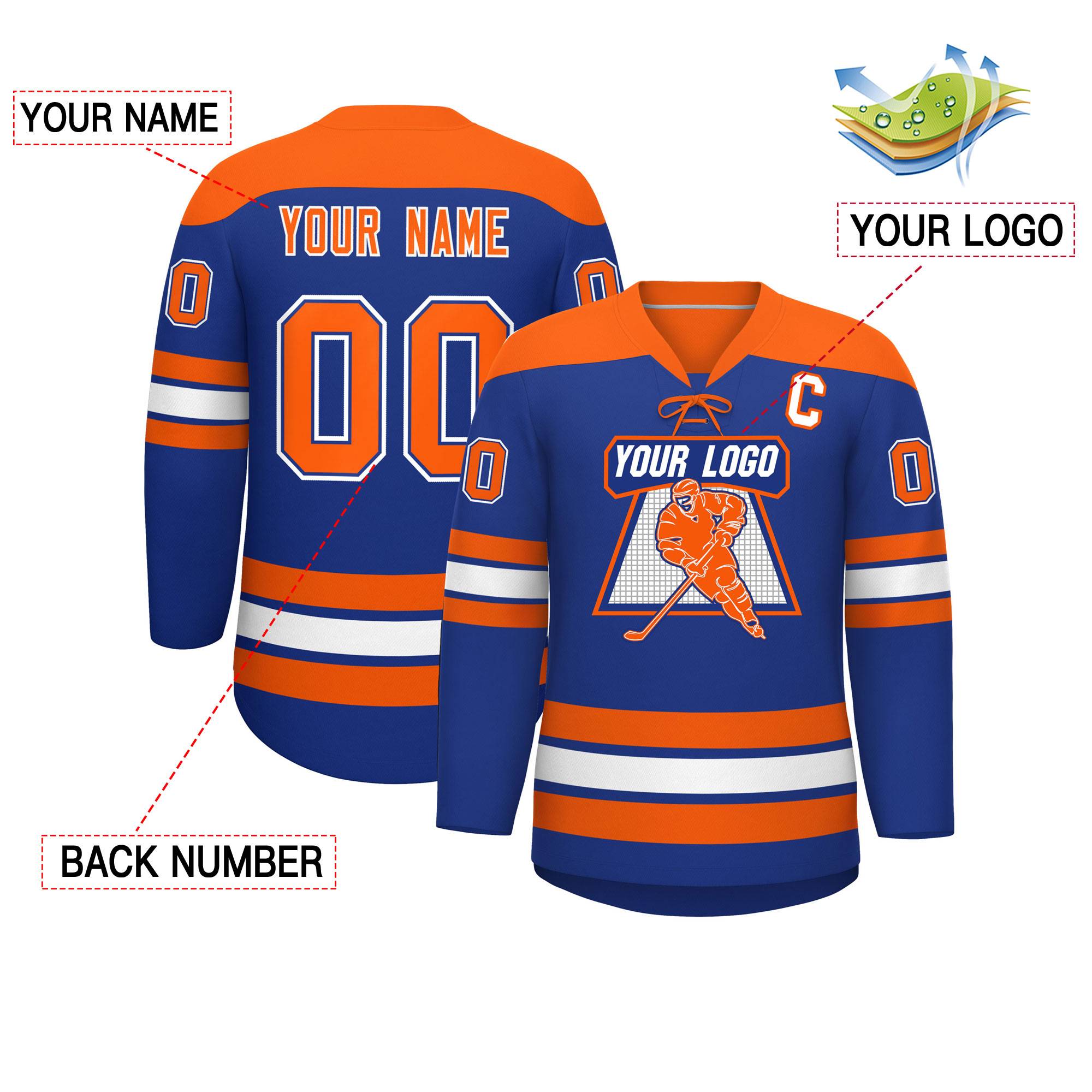 Custom Royal Orange White Personalized Classic Lace-Up Neck Hockey Jersey | KXKSHOP