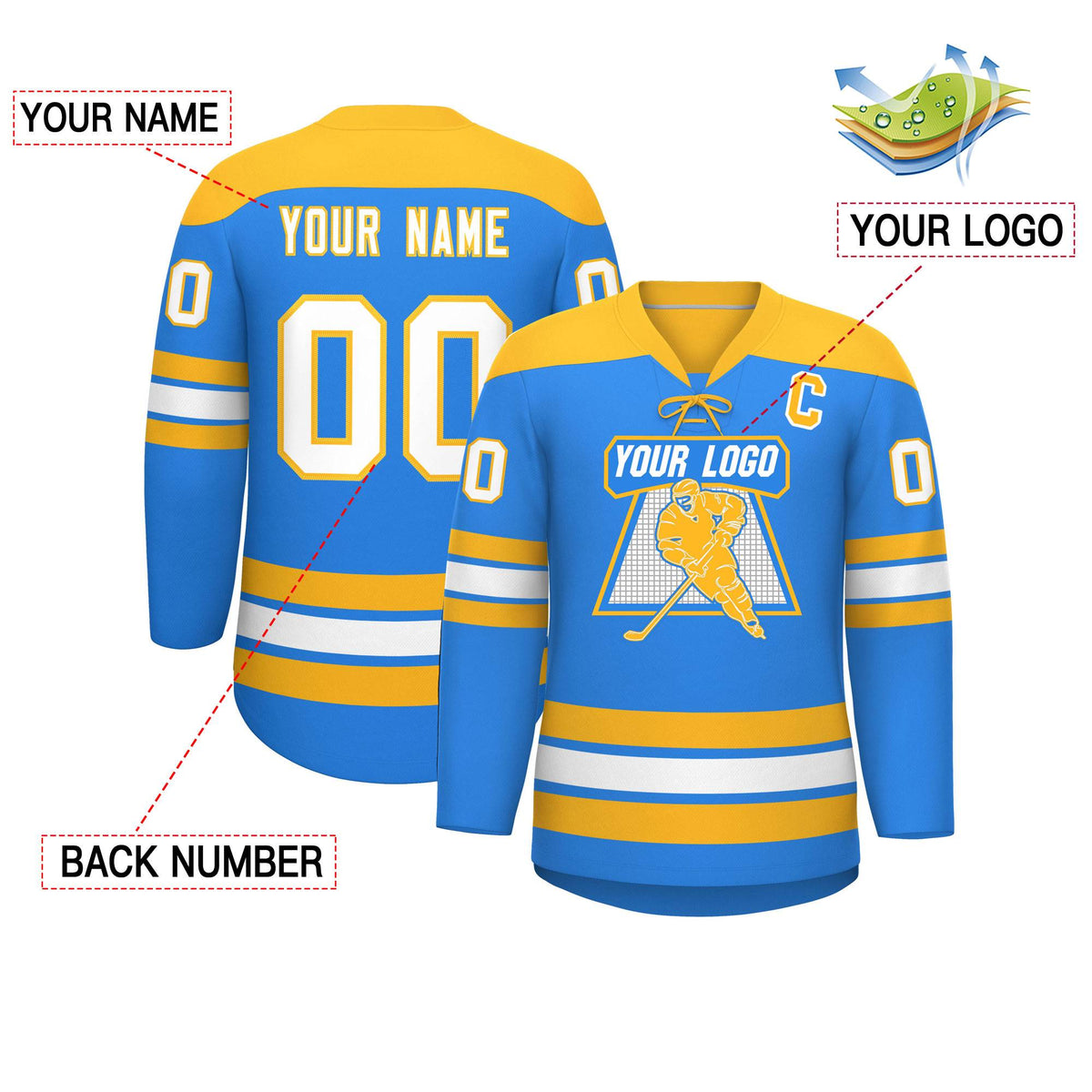 Custom Powder Blue Gold White Personalized Classic Lace-Up Neck Hockey Jersey | KXKSHOP