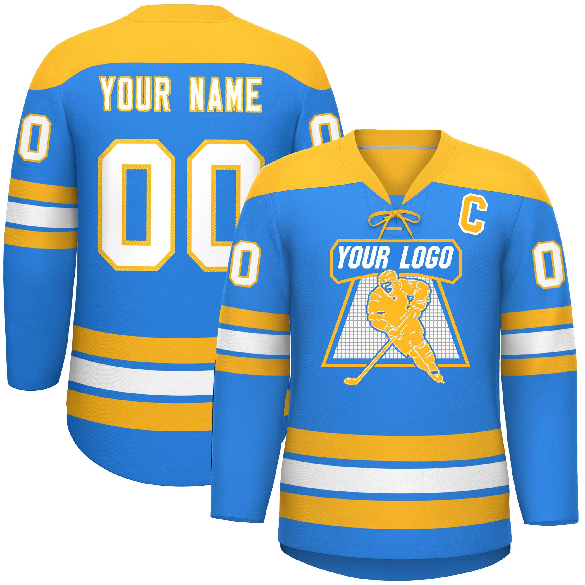 Custom Powder Blue Gold White Personalized Classic Lace-Up Neck Hockey Jersey | KXKSHOP