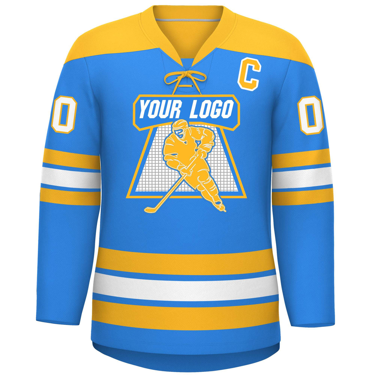 Custom Powder Blue Gold White Personalized Classic Lace-Up Neck Hockey Jersey | KXKSHOP