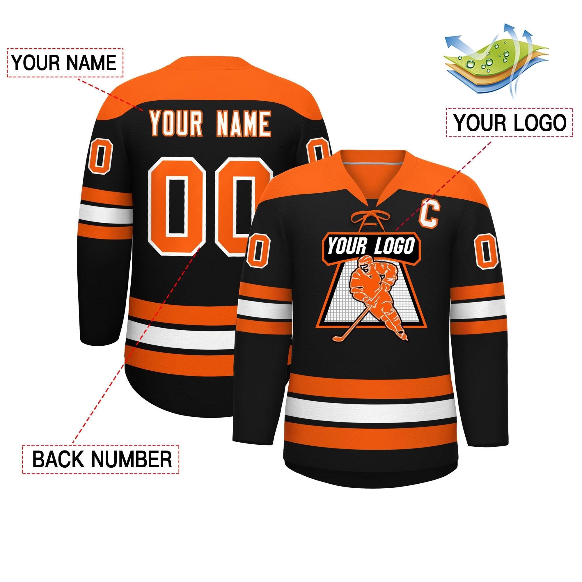 Custom Black Orange White Personalized Classic Lace-Up Neck Hockey Jersey | KXKSHOP