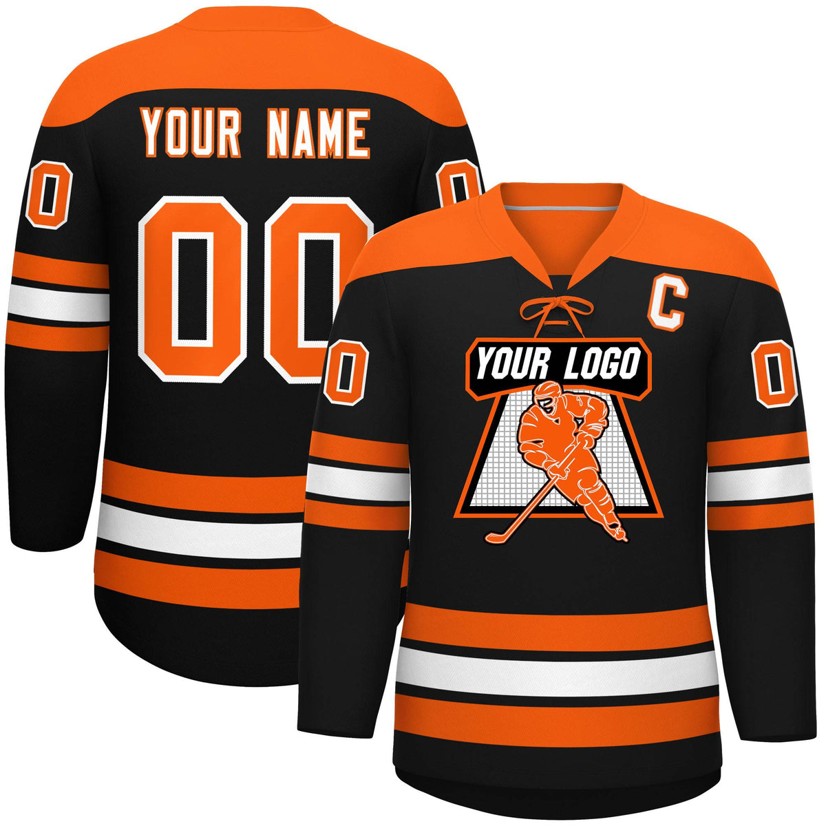 Custom Black Orange White Personalized Classic Lace-Up Neck Hockey Jersey | KXKSHOP