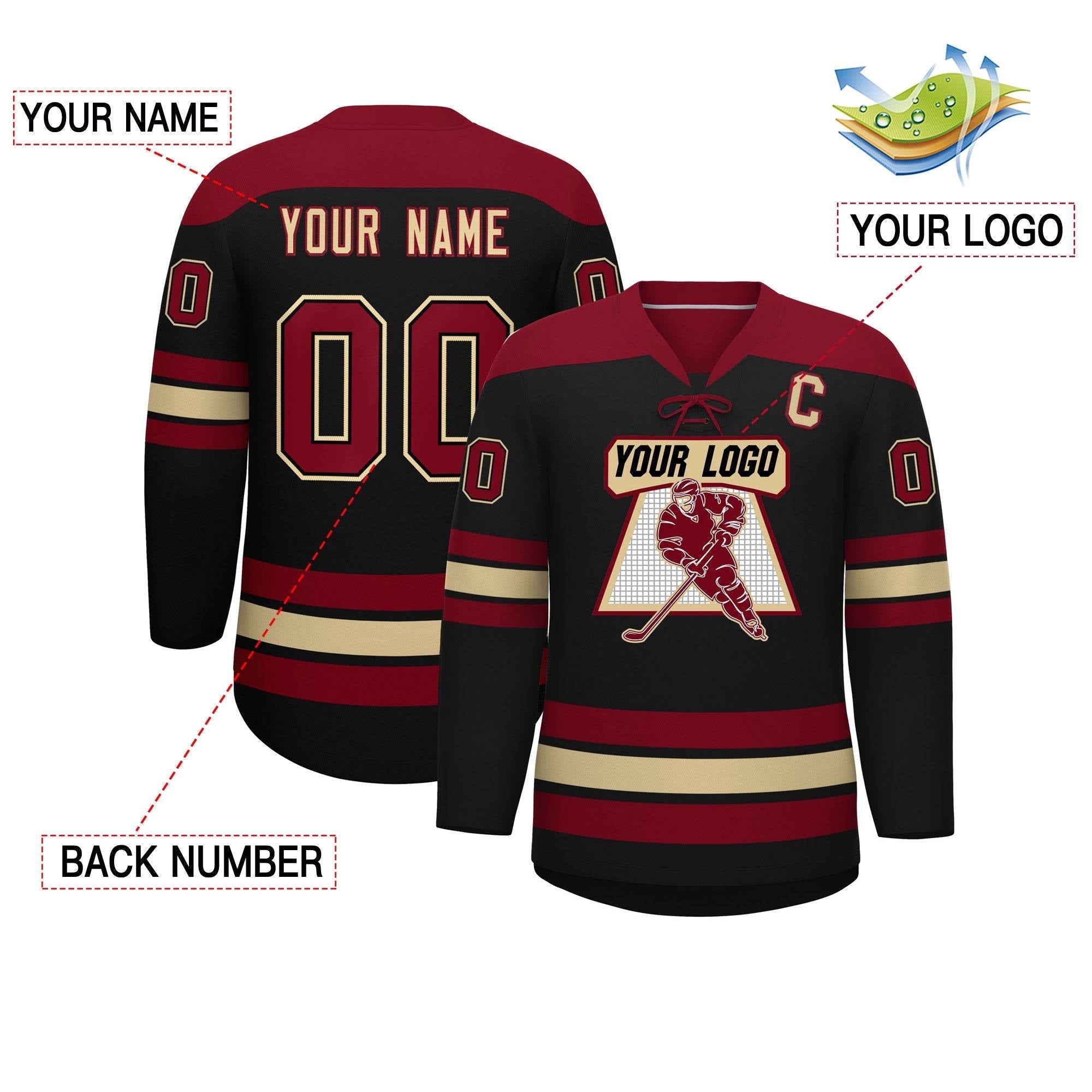 Custom Black Crimson Khaki Personalized Classic Lace-Up Neck Hockey Jersey | KXKSHOP