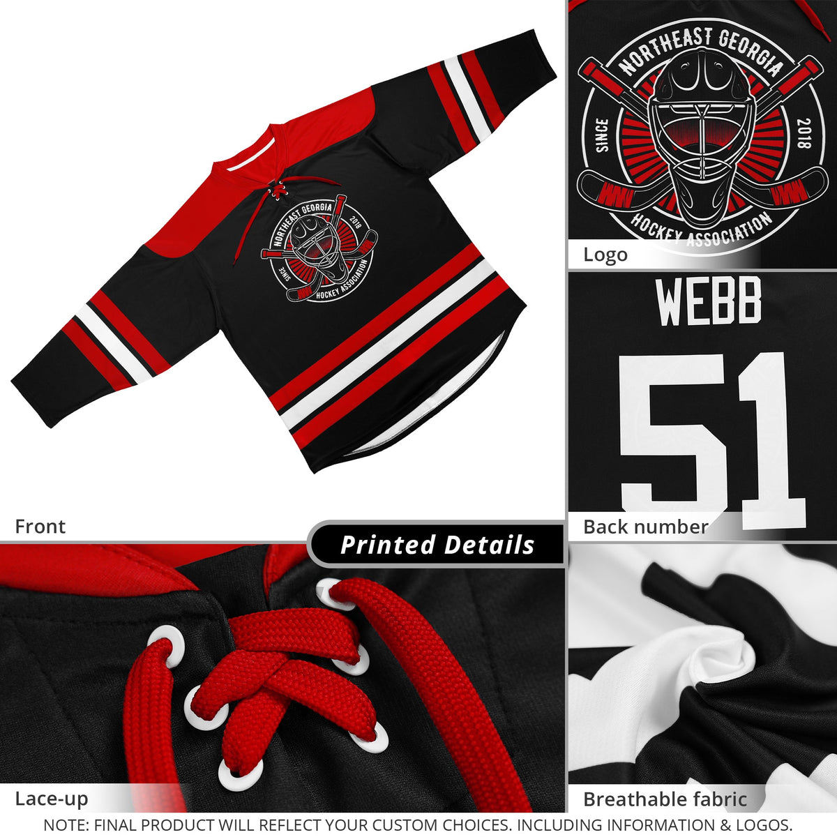 Custom Black Red White Personalized Classic Lace-Up Neck Hockey Jersey | KXKSHOP