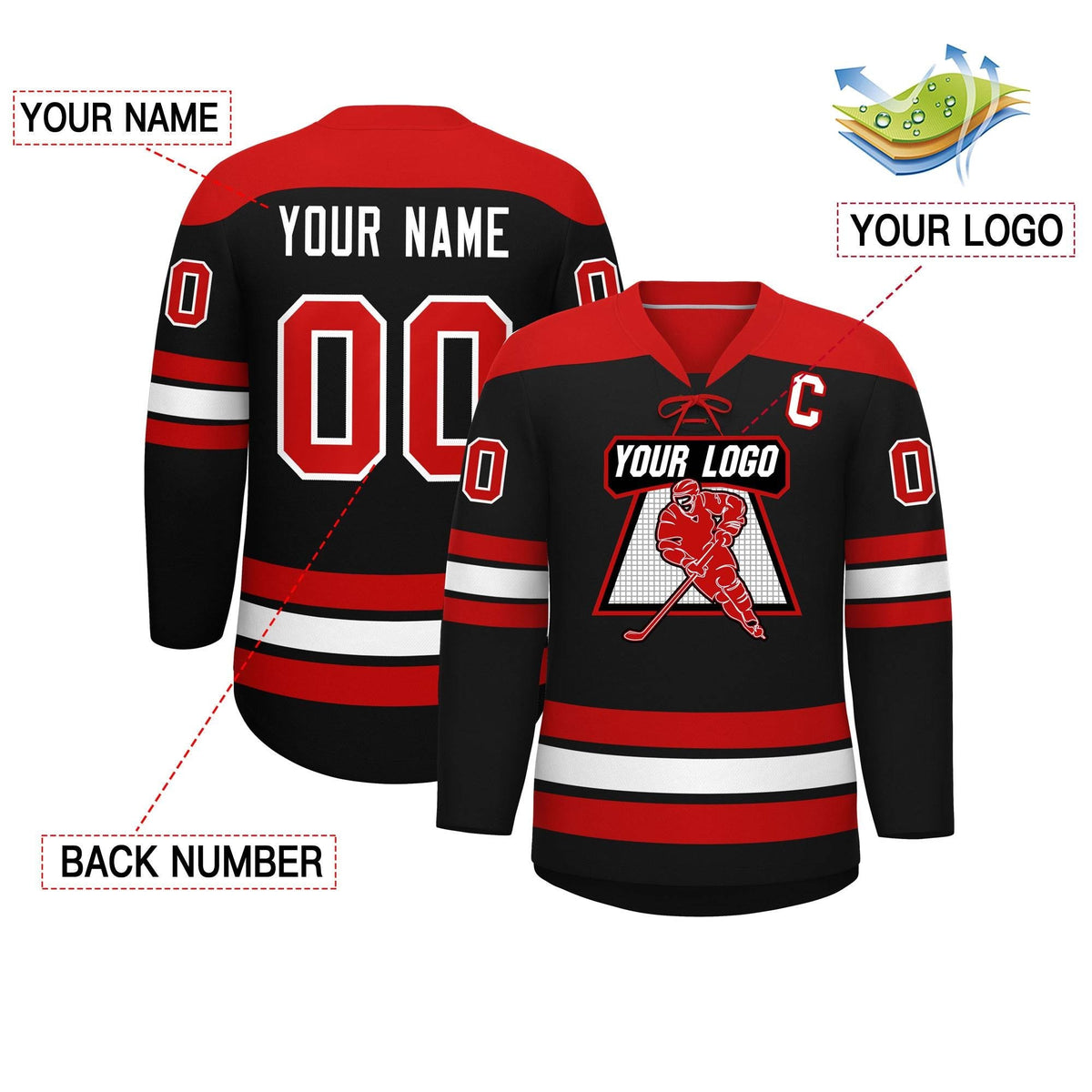 Custom Black Red White Personalized Classic Lace-Up Neck Hockey Jersey | KXKSHOP