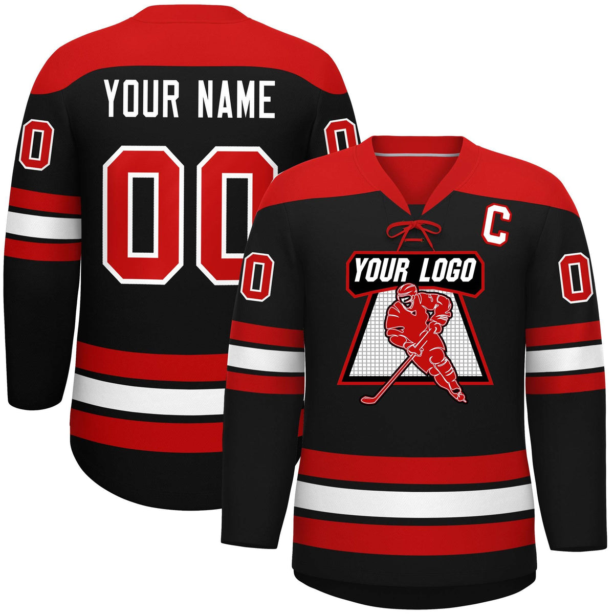 Custom Black Red White Personalized Classic Lace-Up Neck Hockey Jersey | KXKSHOP