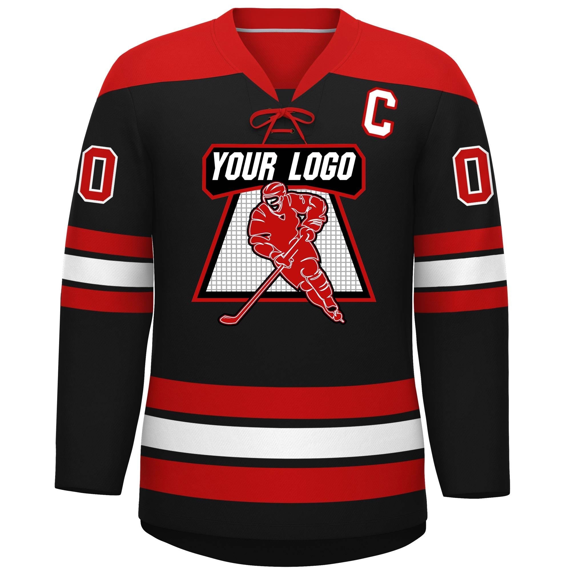 Custom Black Red White Personalized Classic Lace-Up Neck Hockey Jersey | KXKSHOP