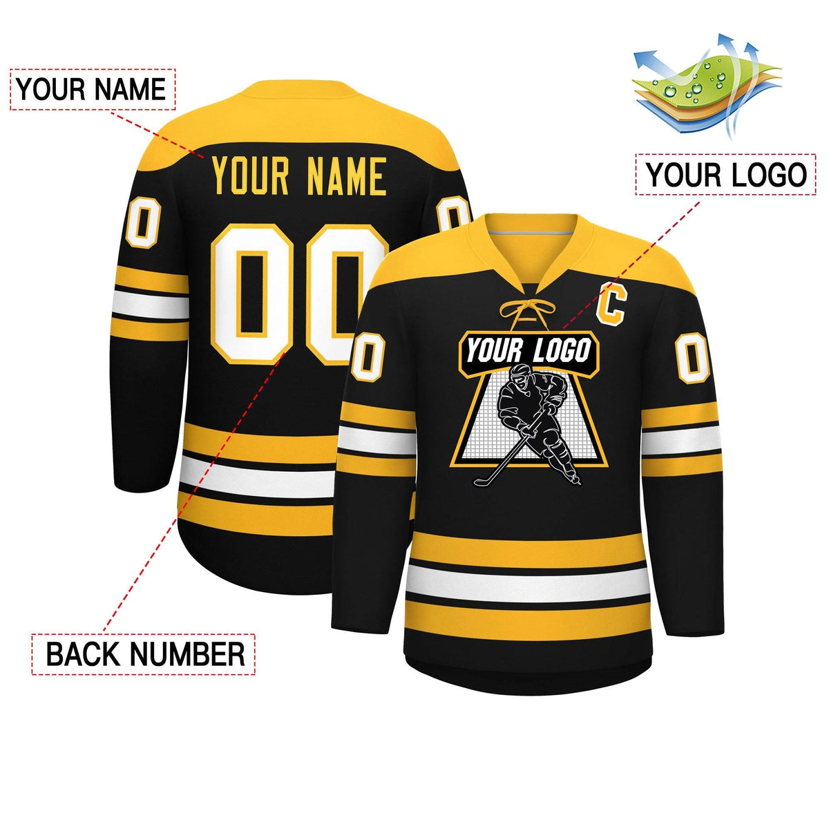 Custom Black Gold White Personalized Classic Lace-Up Neck Hockey Jersey | KXKSHOP