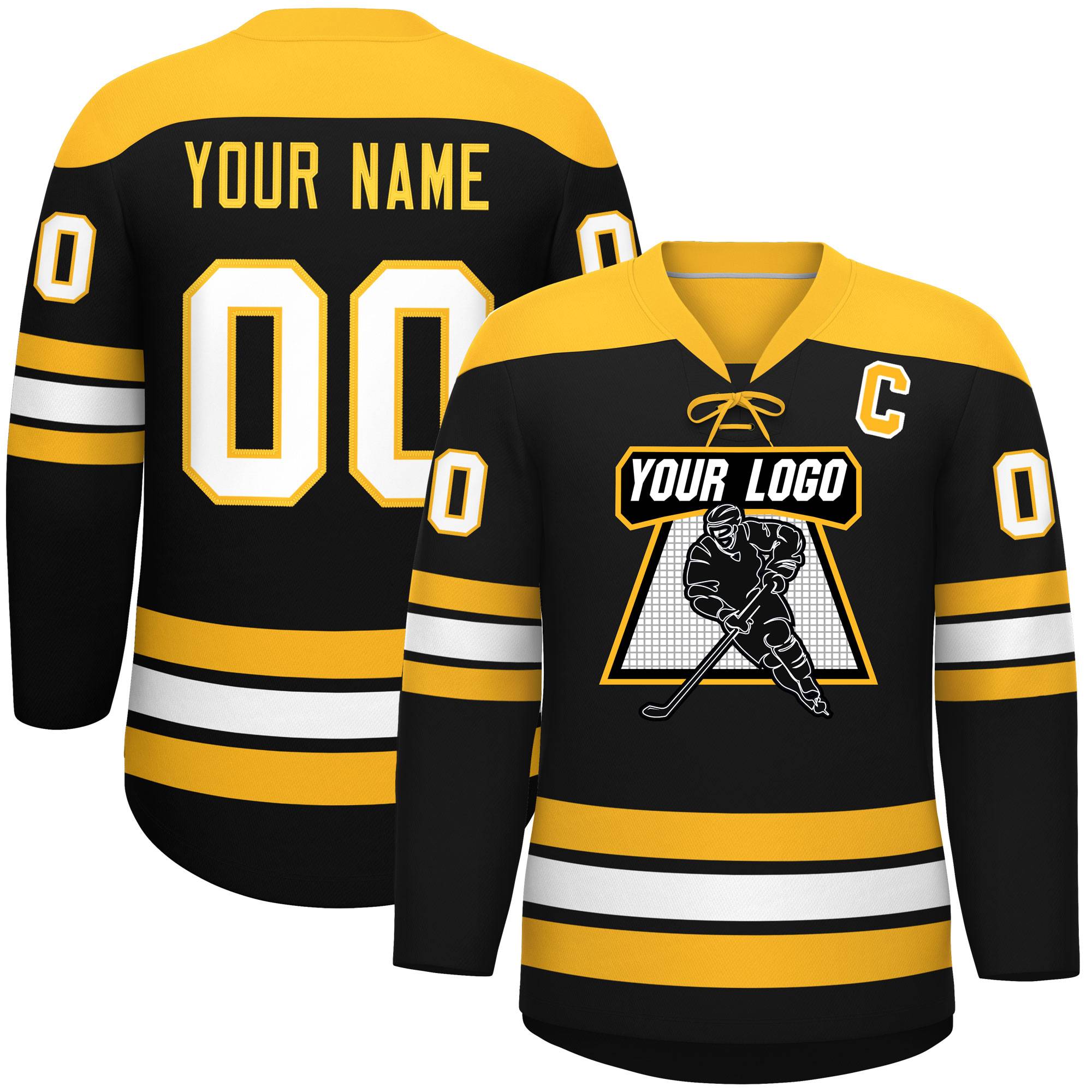 Custom Black Gold White Personalized Classic Lace-Up Neck Hockey Jersey | KXKSHOP