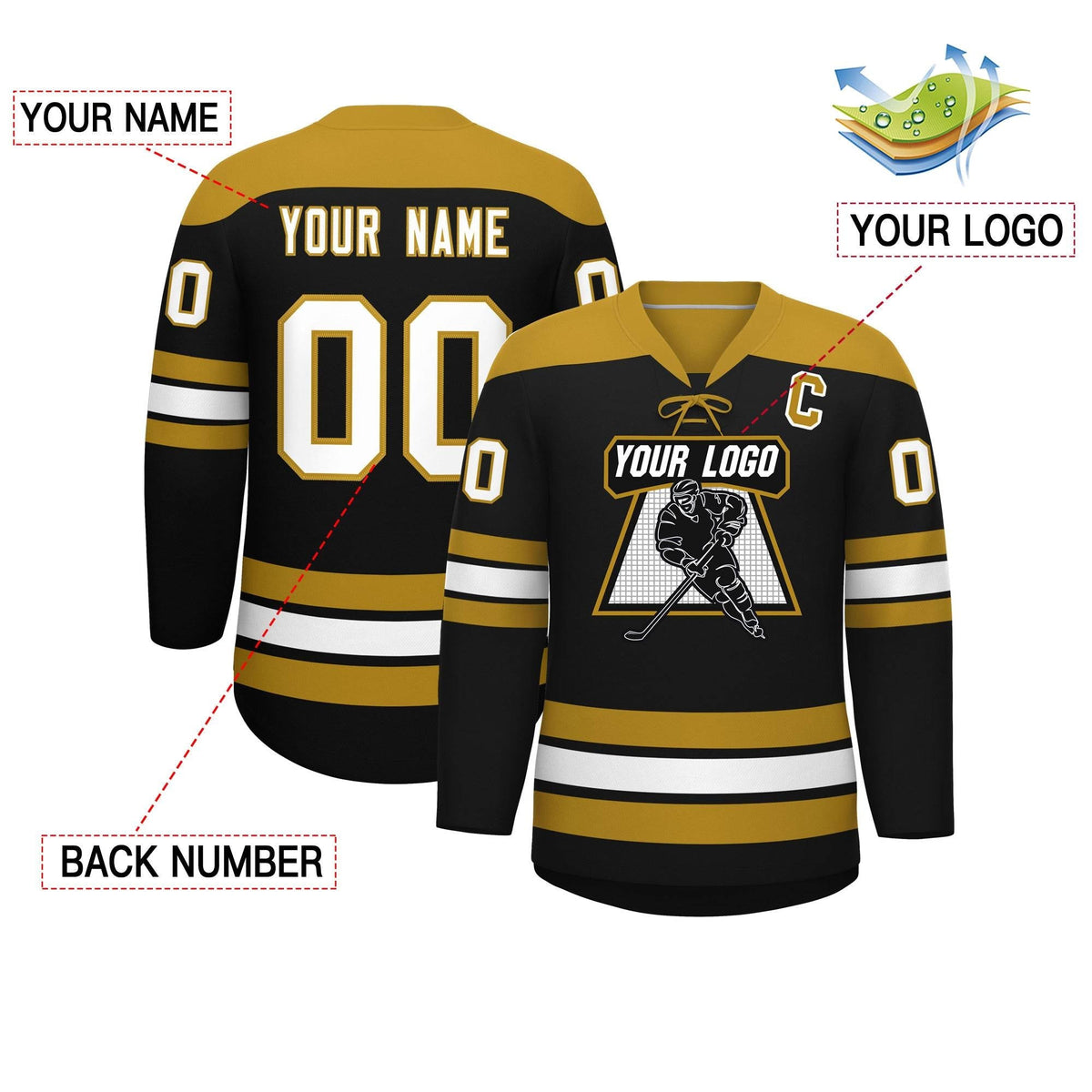 Custom Black Old Gold White Personalized Classic Lace-Up Neck Hockey Jersey | KXKSHOP