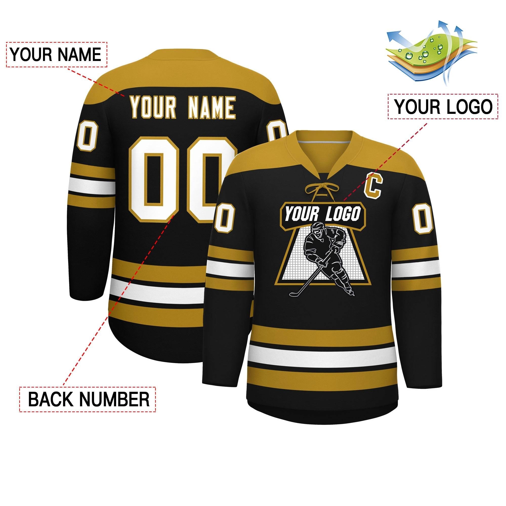 Custom Black Old Gold White Personalized Classic Lace-Up Neck Hockey Jersey | KXKSHOP