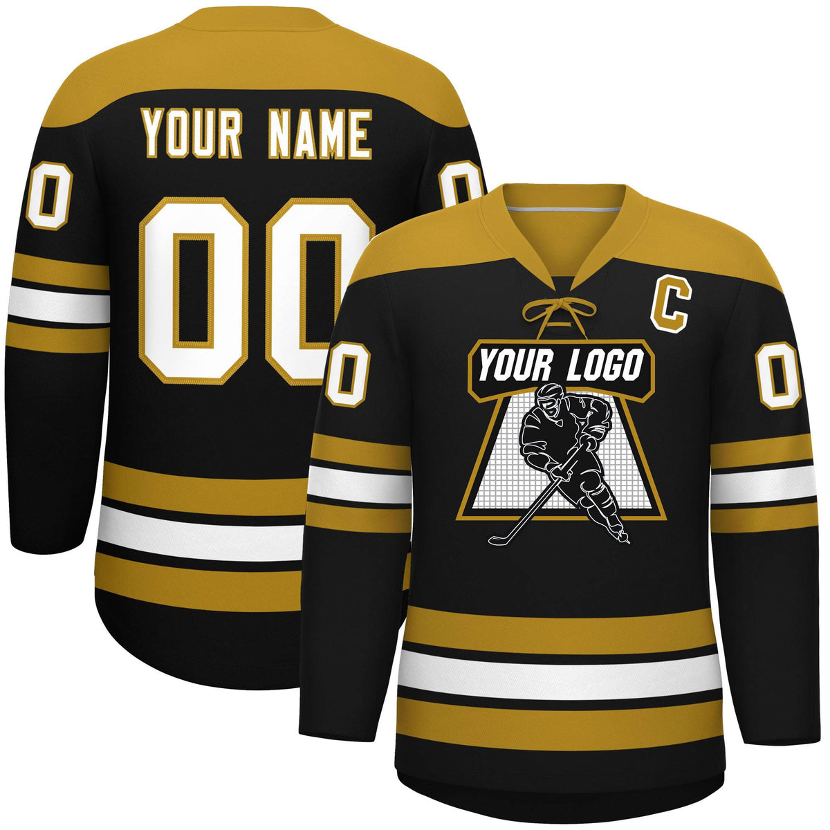 Custom Black Old Gold White Personalized Classic Lace-Up Neck Hockey Jersey | KXKSHOP