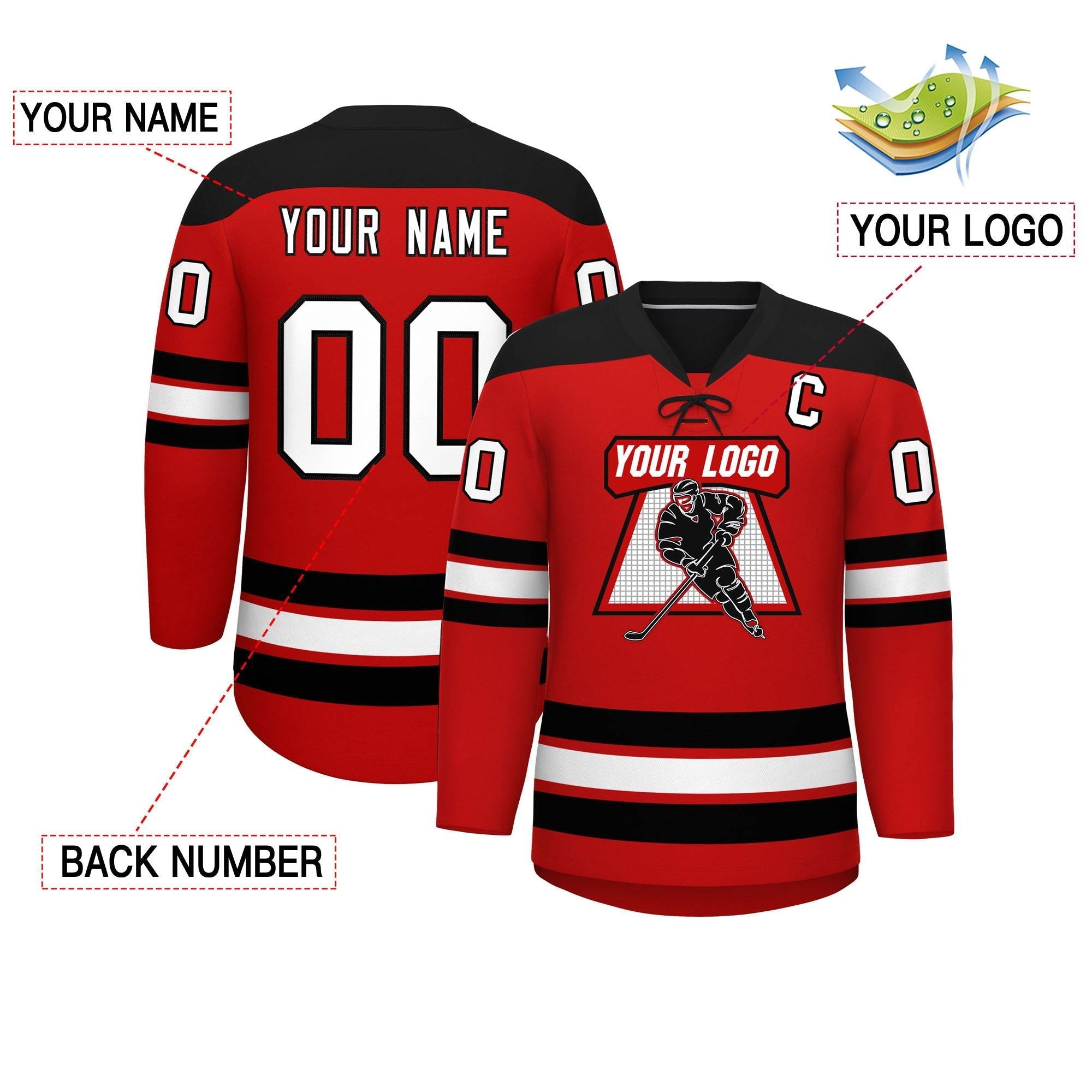 Custom Red Black White Personalized Classic Lace-Up Neck Hockey Jersey | KXKSHOP